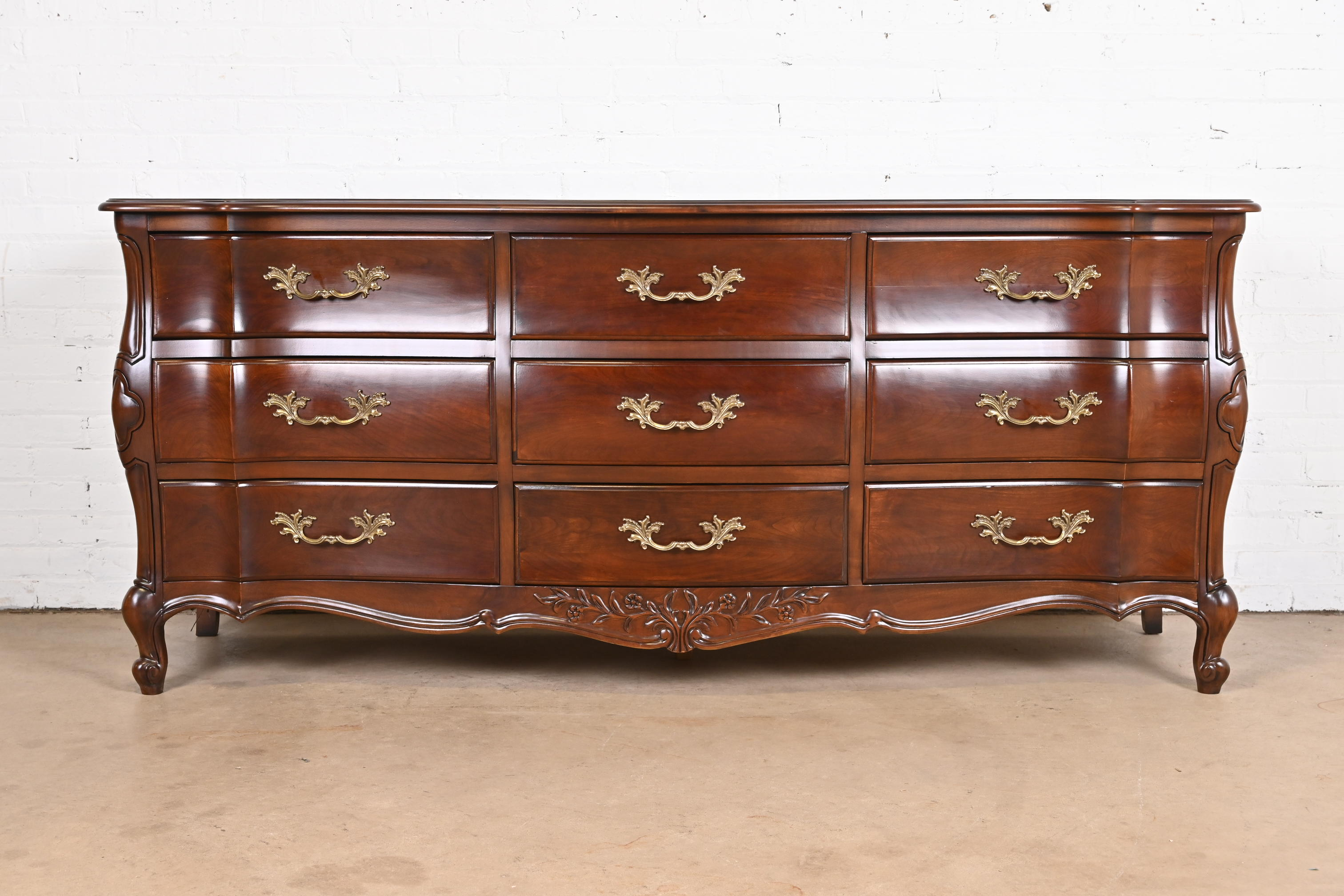 French Provincial Louis XV Carved Cherry Wood Triple Dresser by White Furniture, Newly Refinished - Image 2