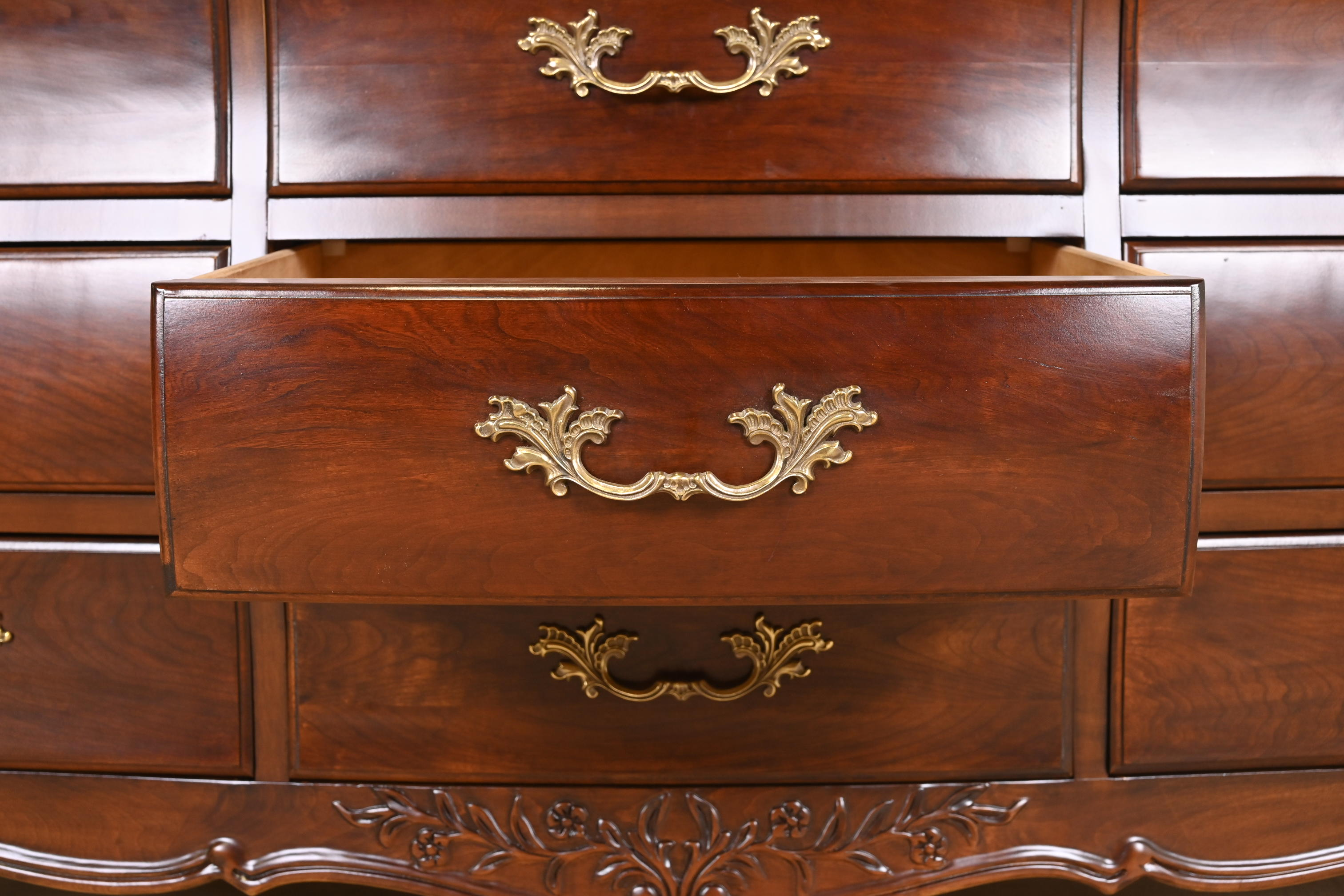 French Provincial Louis XV Carved Cherry Wood Triple Dresser by White Furniture, Newly Refinished - Image 7