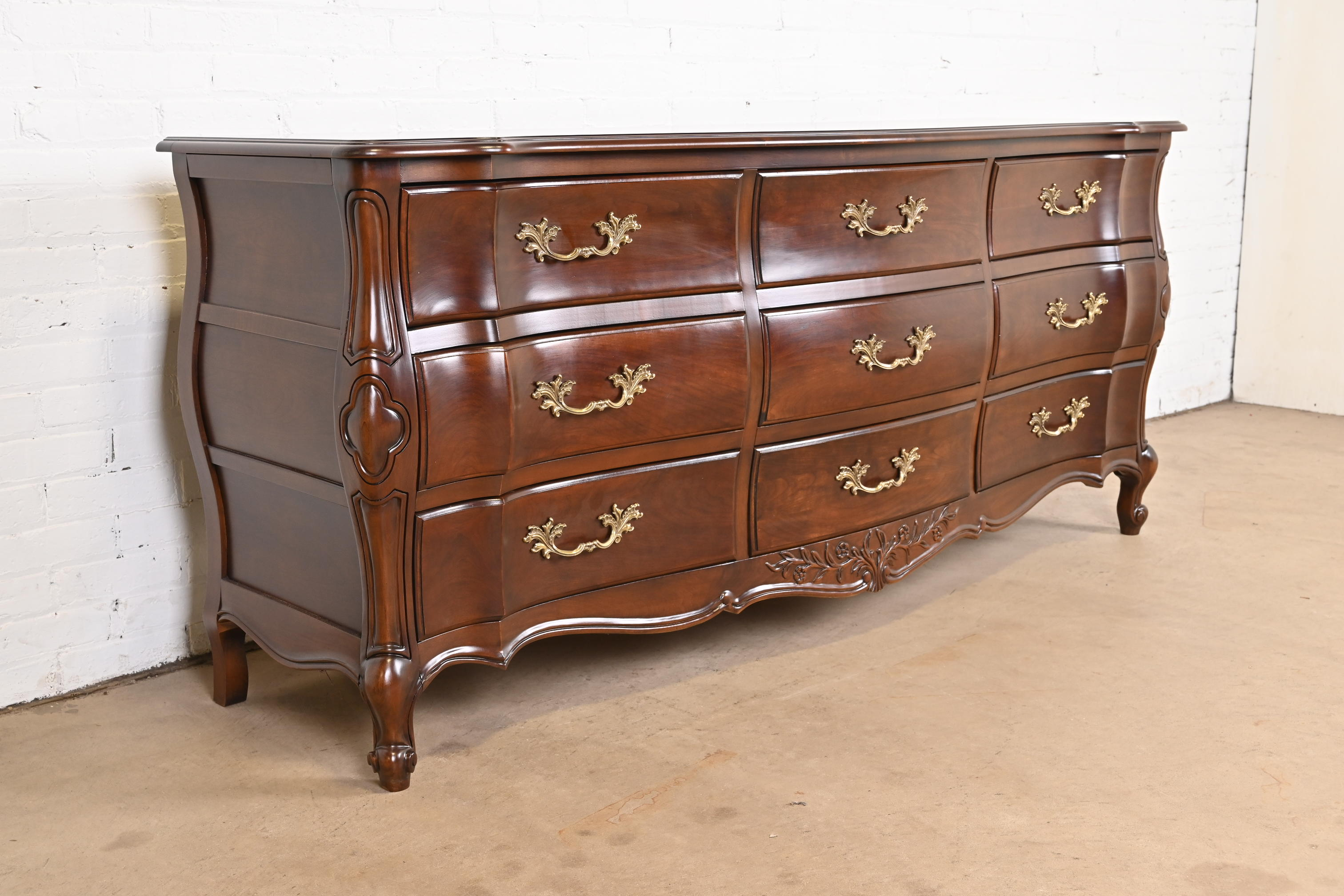 French Provincial Louis XV Carved Cherry Wood Triple Dresser by White Furniture, Newly Refinished - Image 5