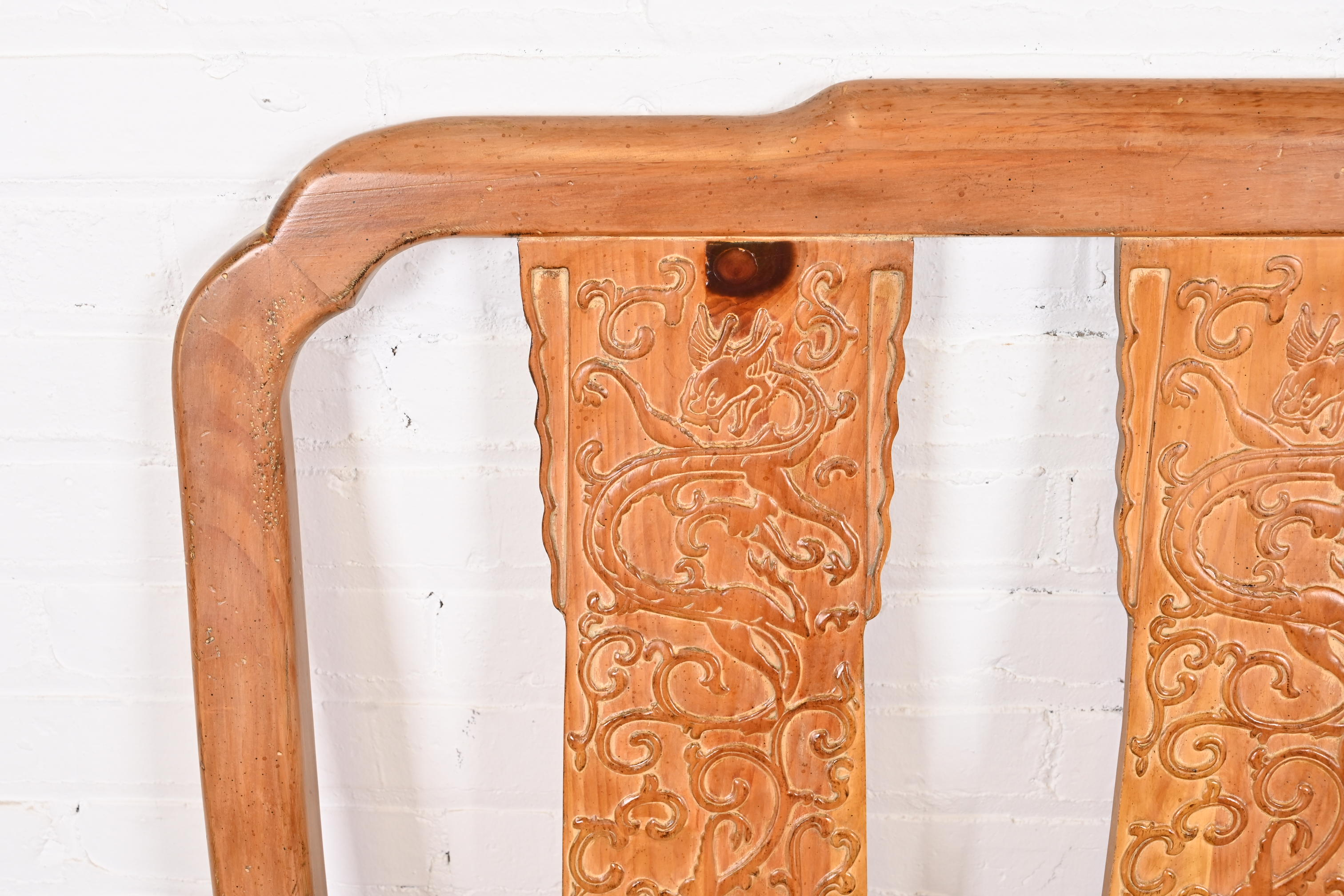 Henredon Chinoiserie Solid Pine Queen Size Headboard With Dragon Motifs, Circa 1970s - Image 4