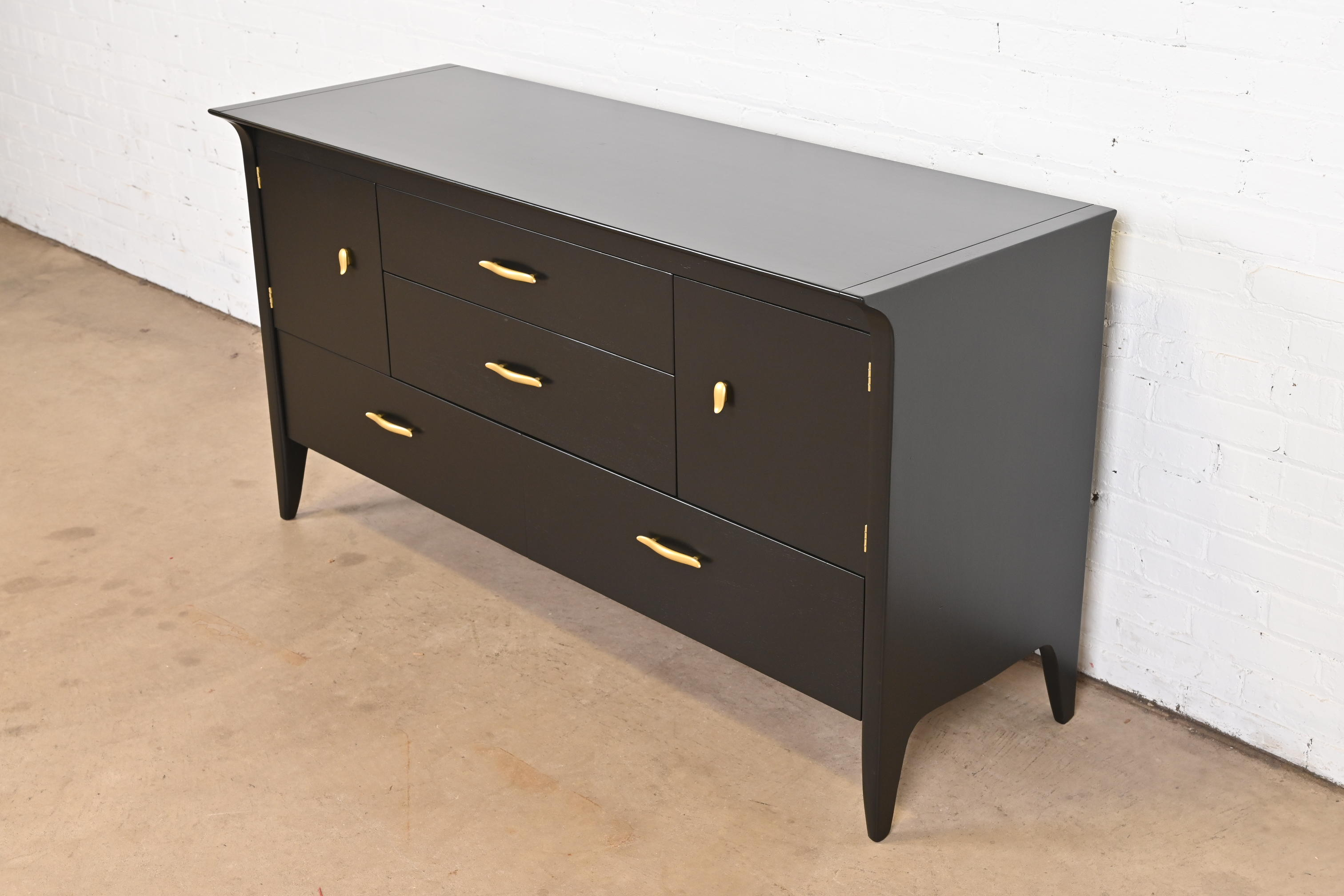 John Van Koert for Drexel Profile Mid-Century Modern Black Lacquered Dresser or Credenza, Newly Refinished - Image 2