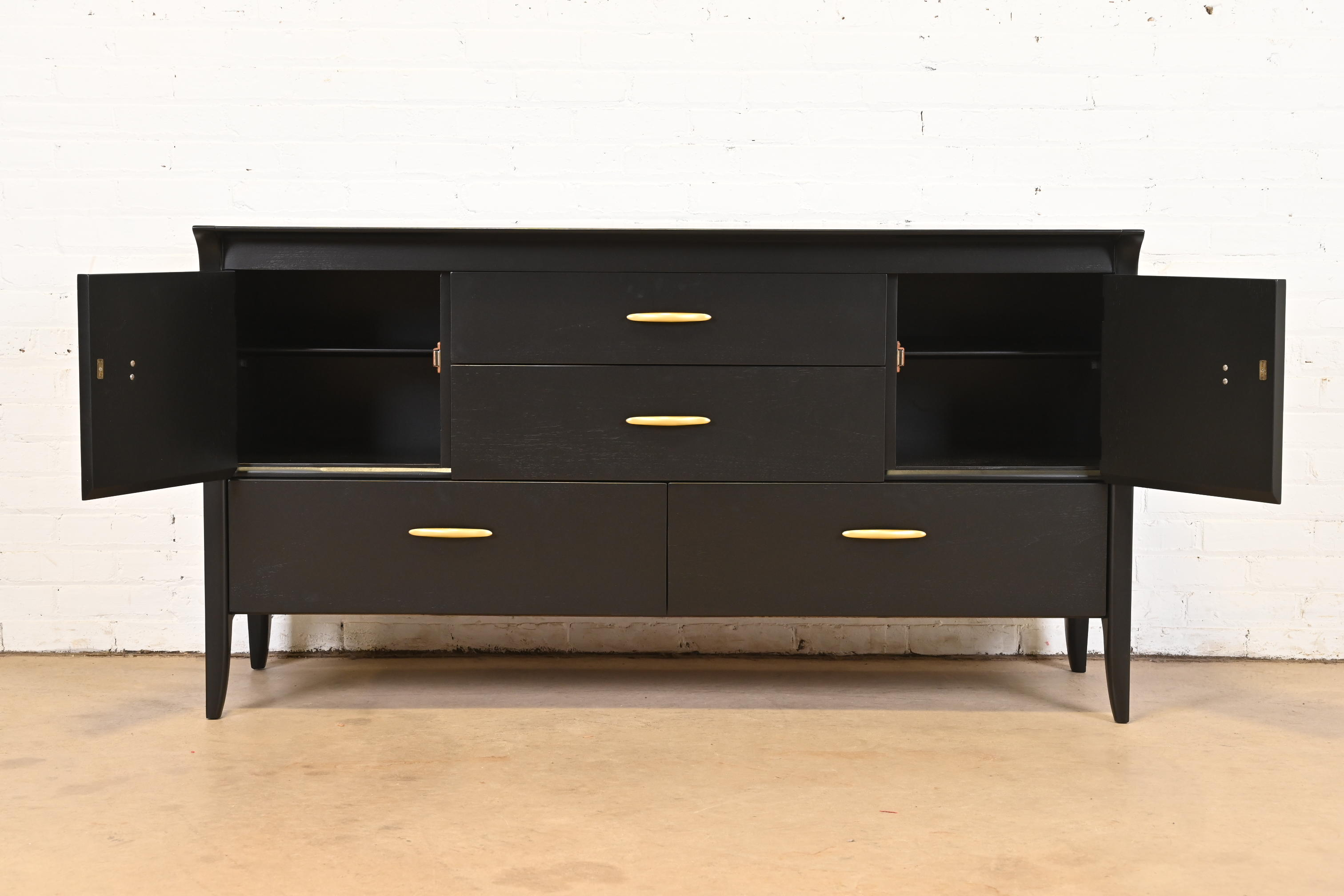 John Van Koert for Drexel Profile Mid-Century Modern Black Lacquered Dresser or Credenza, Newly Refinished - Image 9