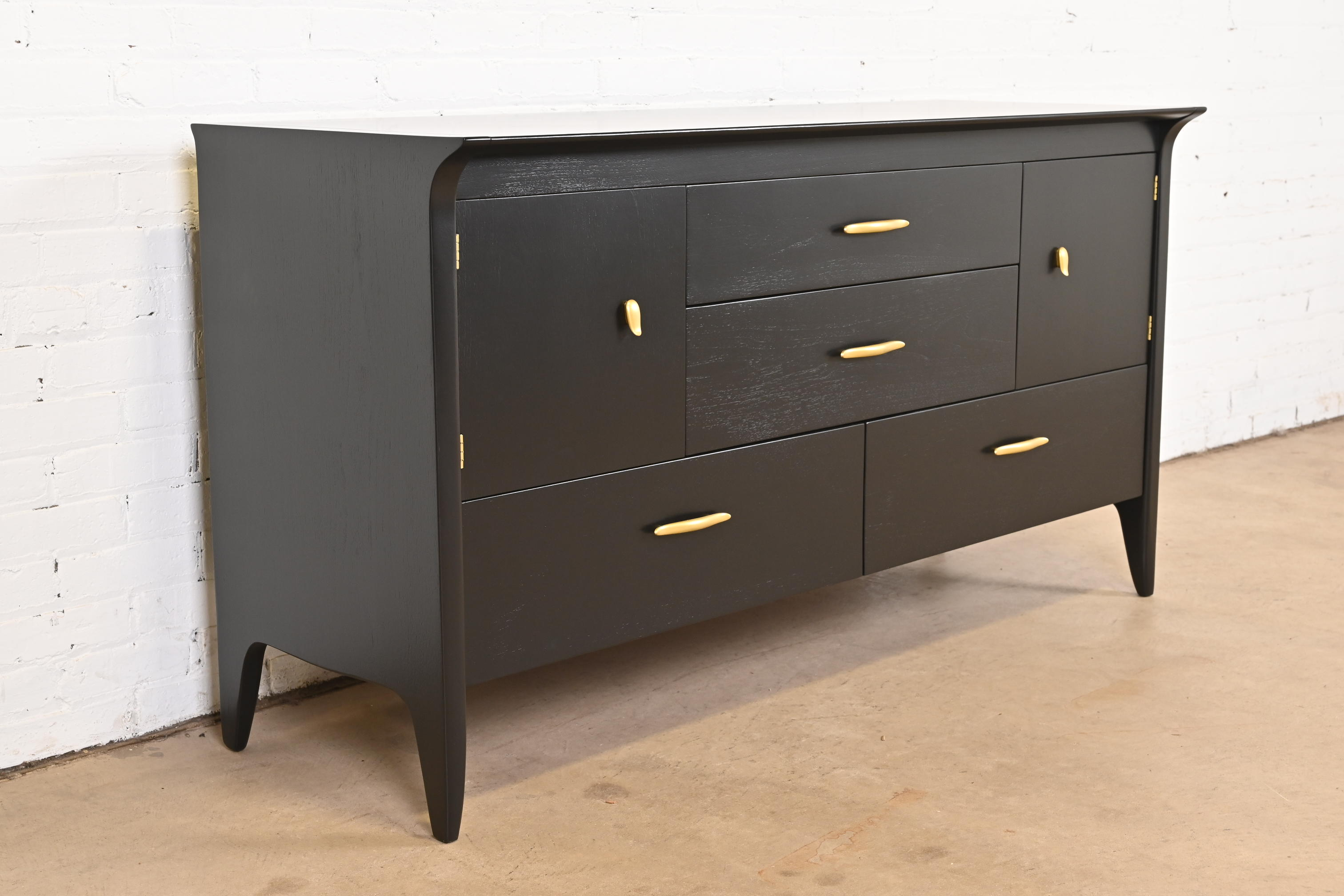 John Van Koert for Drexel Profile Mid-Century Modern Black Lacquered Dresser or Credenza, Newly Refinished - Image 4