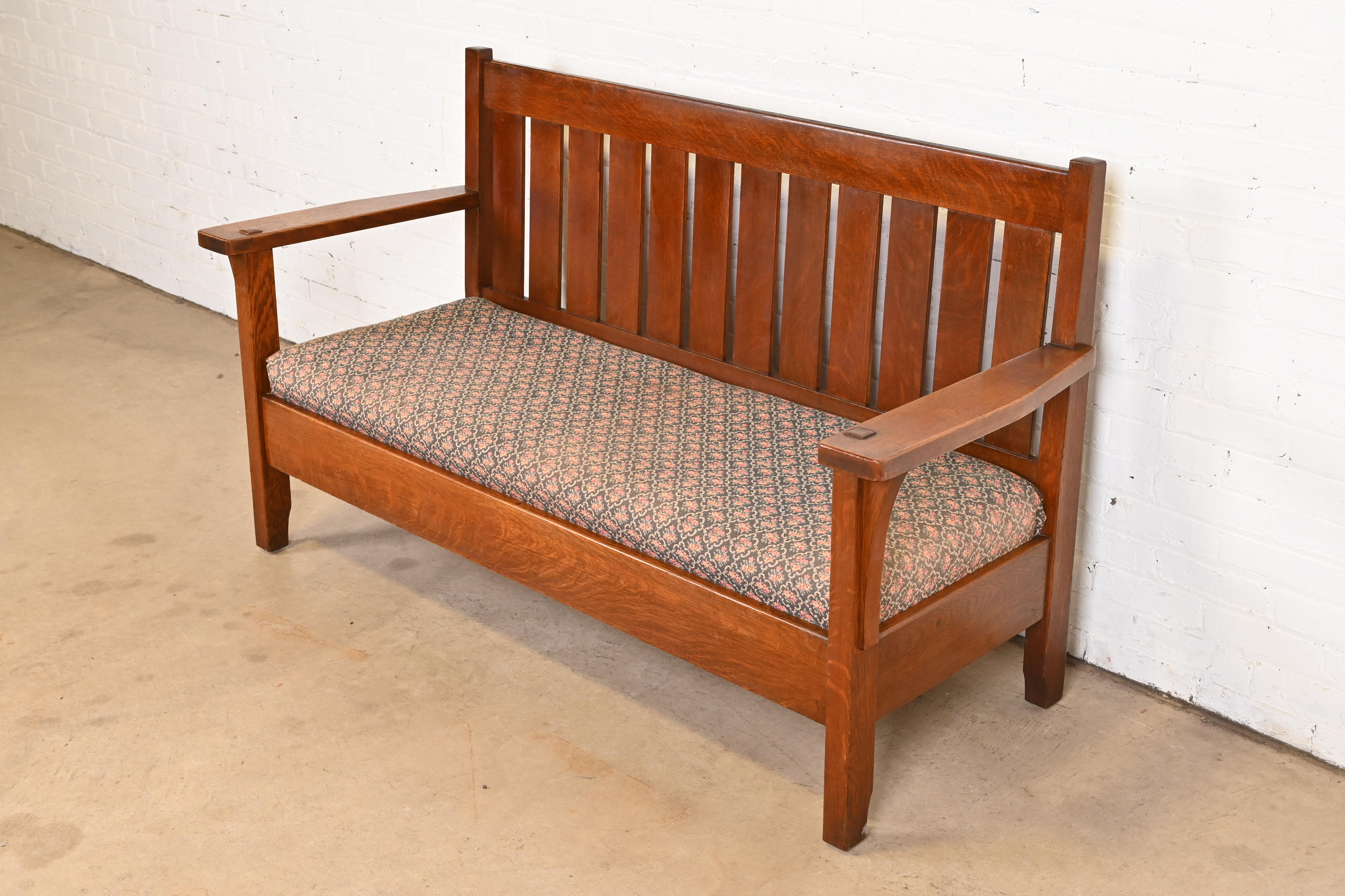 Antique L. & J. G. Stickley Mission Oak Arts & Crafts Open Arm Settee or Loveseat, Circa 1900 - Image 3