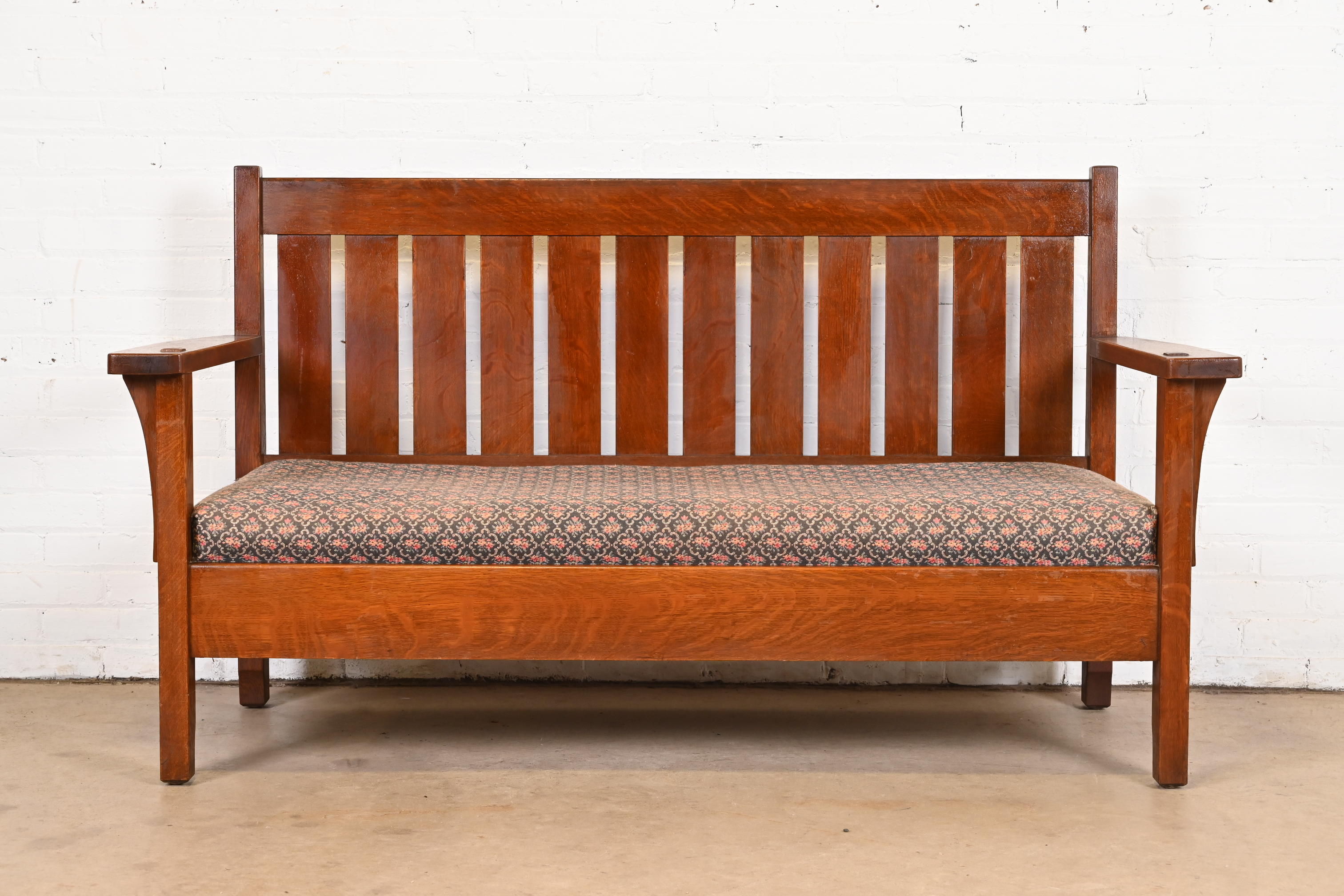 Antique L. & J. G. Stickley Mission Oak Arts & Crafts Open Arm Settee or Loveseat, Circa 1900