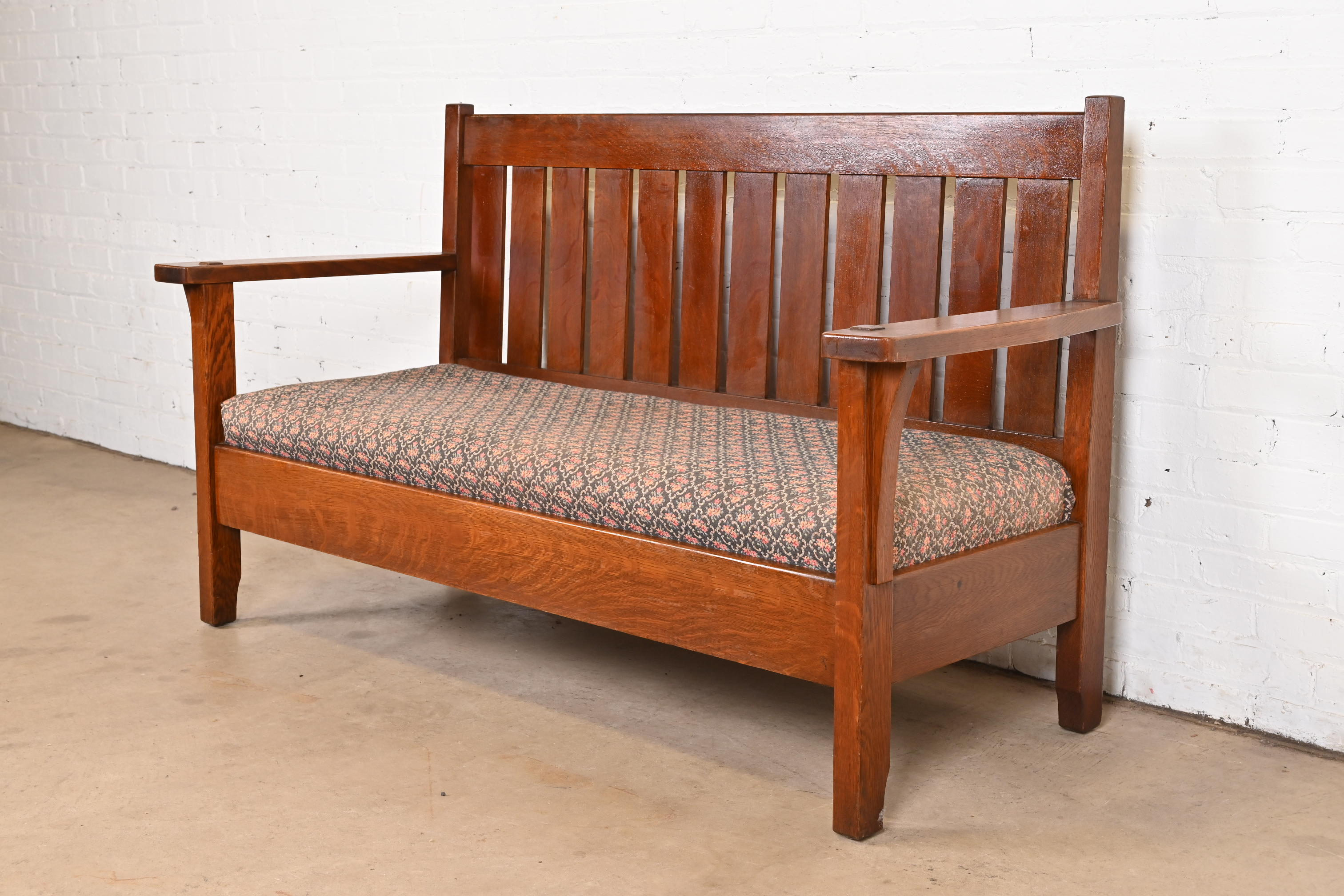 Antique L. & J. G. Stickley Mission Oak Arts & Crafts Open Arm Settee or Loveseat, Circa 1900 - Image 2
