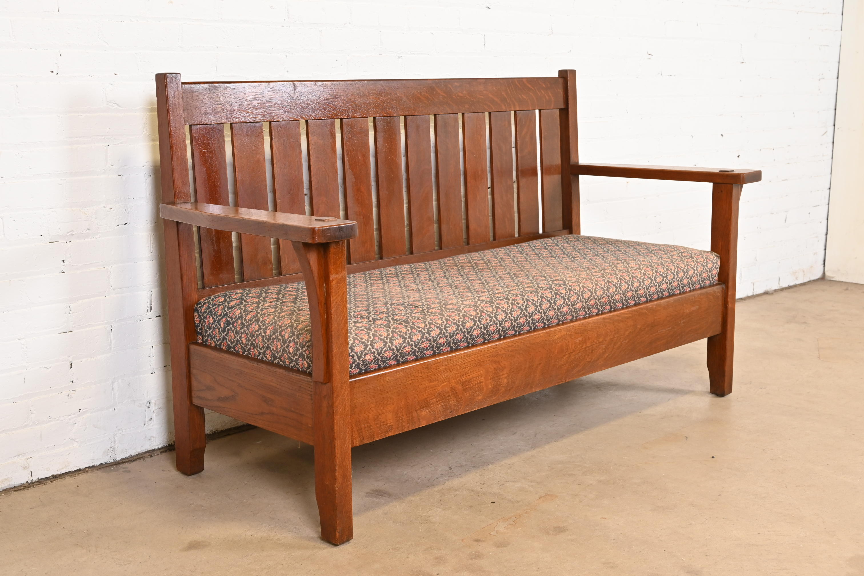 Antique L. & J. G. Stickley Mission Oak Arts & Crafts Open Arm Settee or Loveseat, Circa 1900 - Image 4