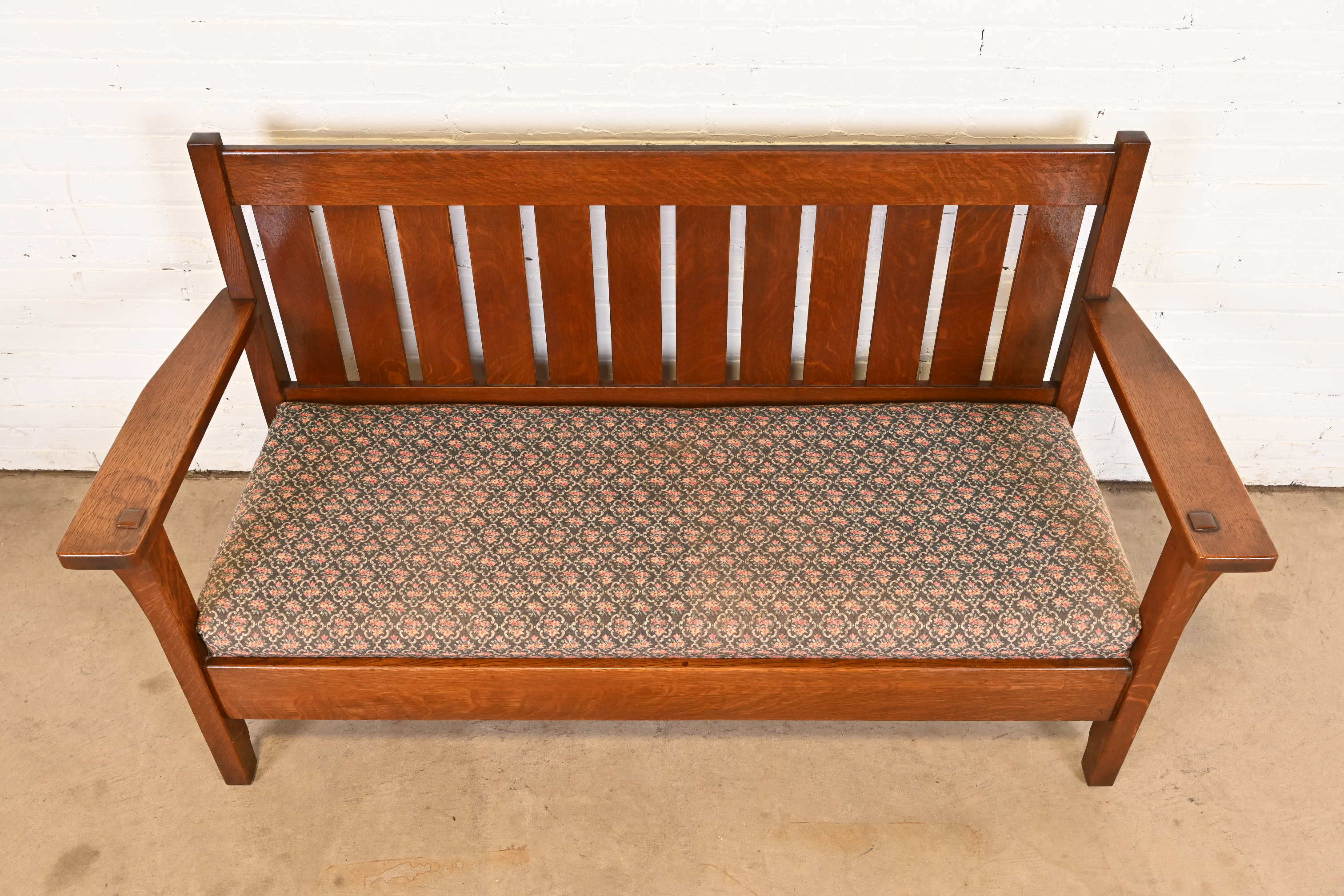 Antique L. & J. G. Stickley Mission Oak Arts & Crafts Open Arm Settee or Loveseat, Circa 1900 - Image 6