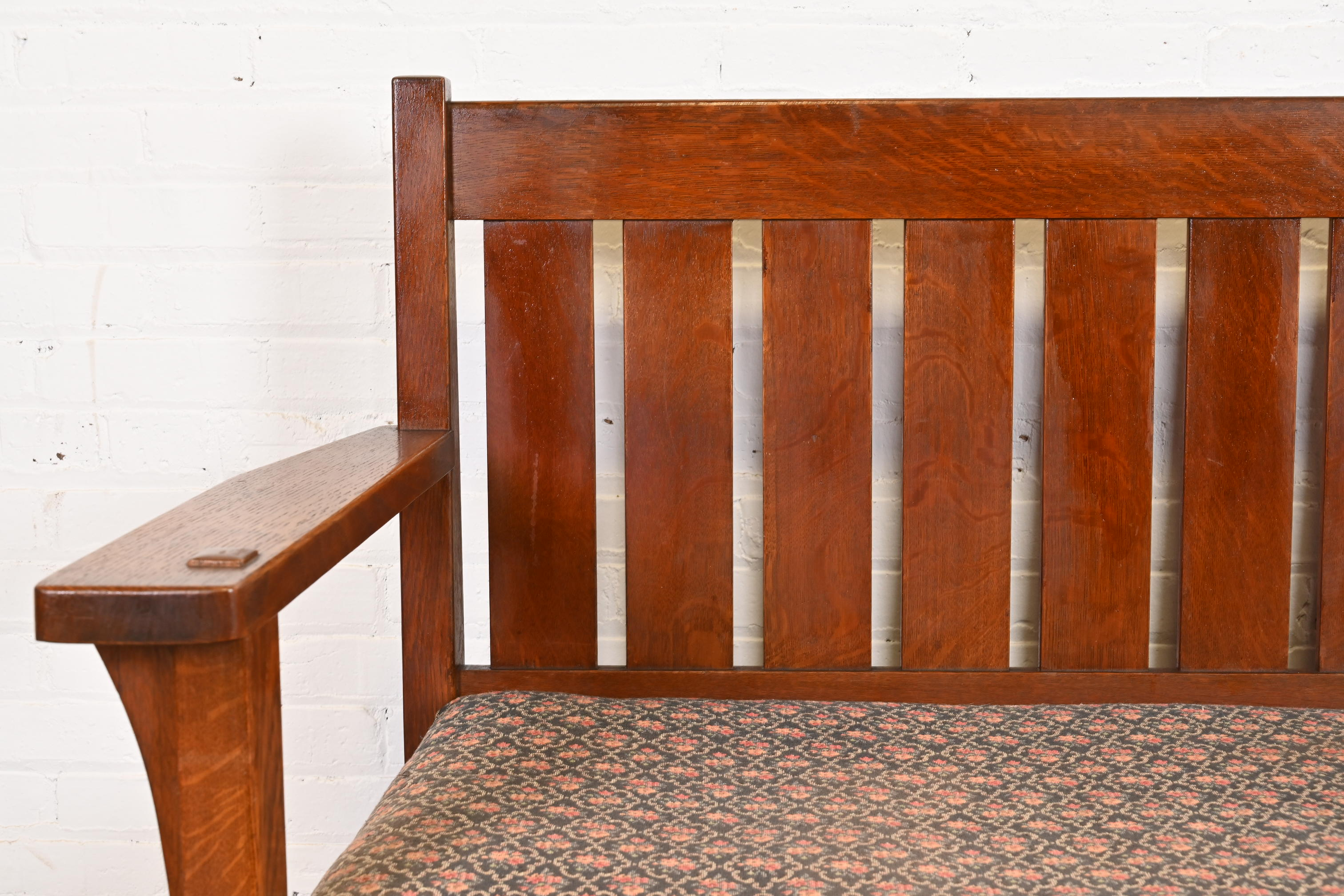Antique L. & J. G. Stickley Mission Oak Arts & Crafts Open Arm Settee or Loveseat, Circa 1900 - Image 7