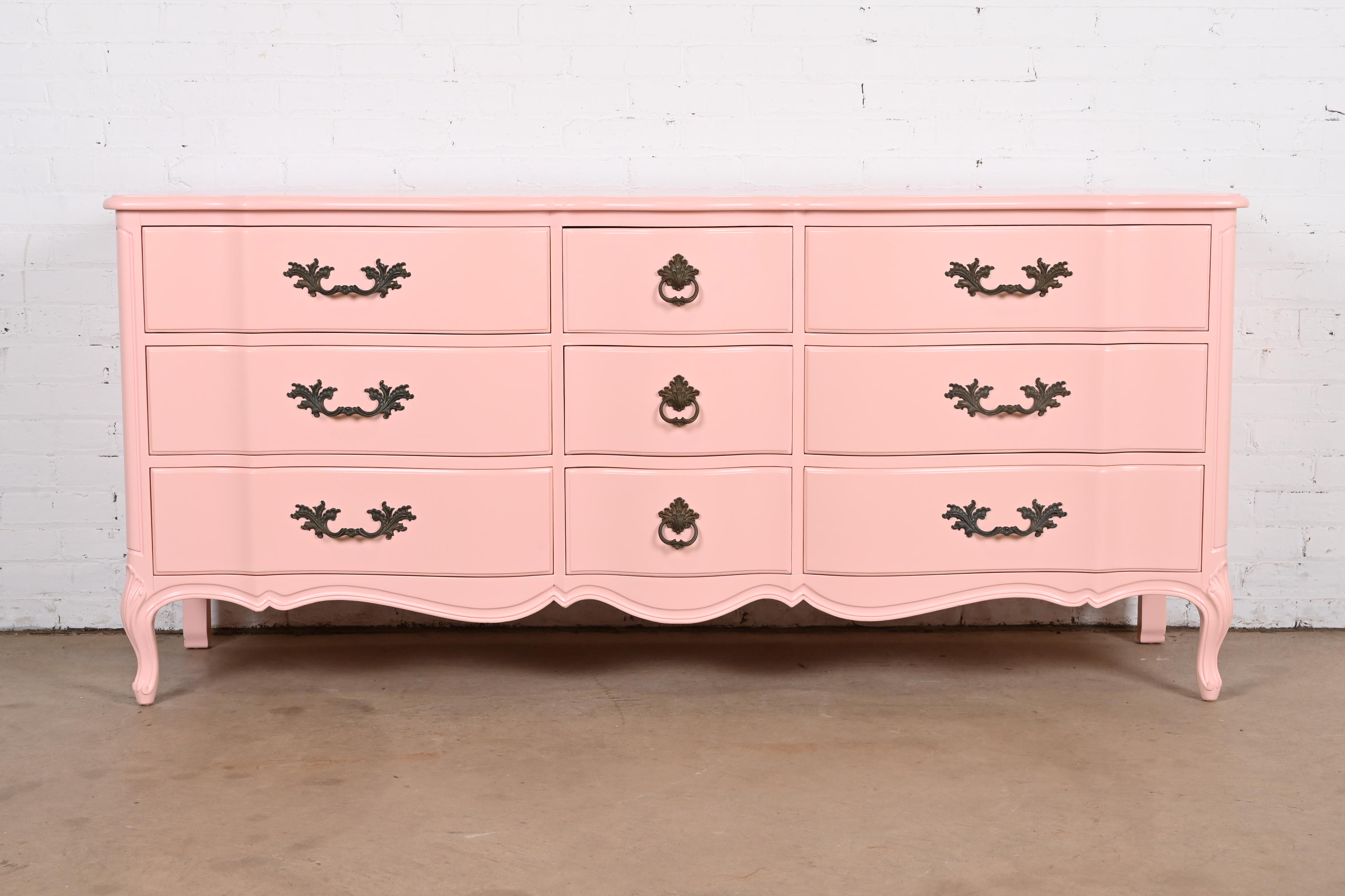 Henredon French Provincial Louis XV Pink Lacquered Triple Dresser, Newly Refinished