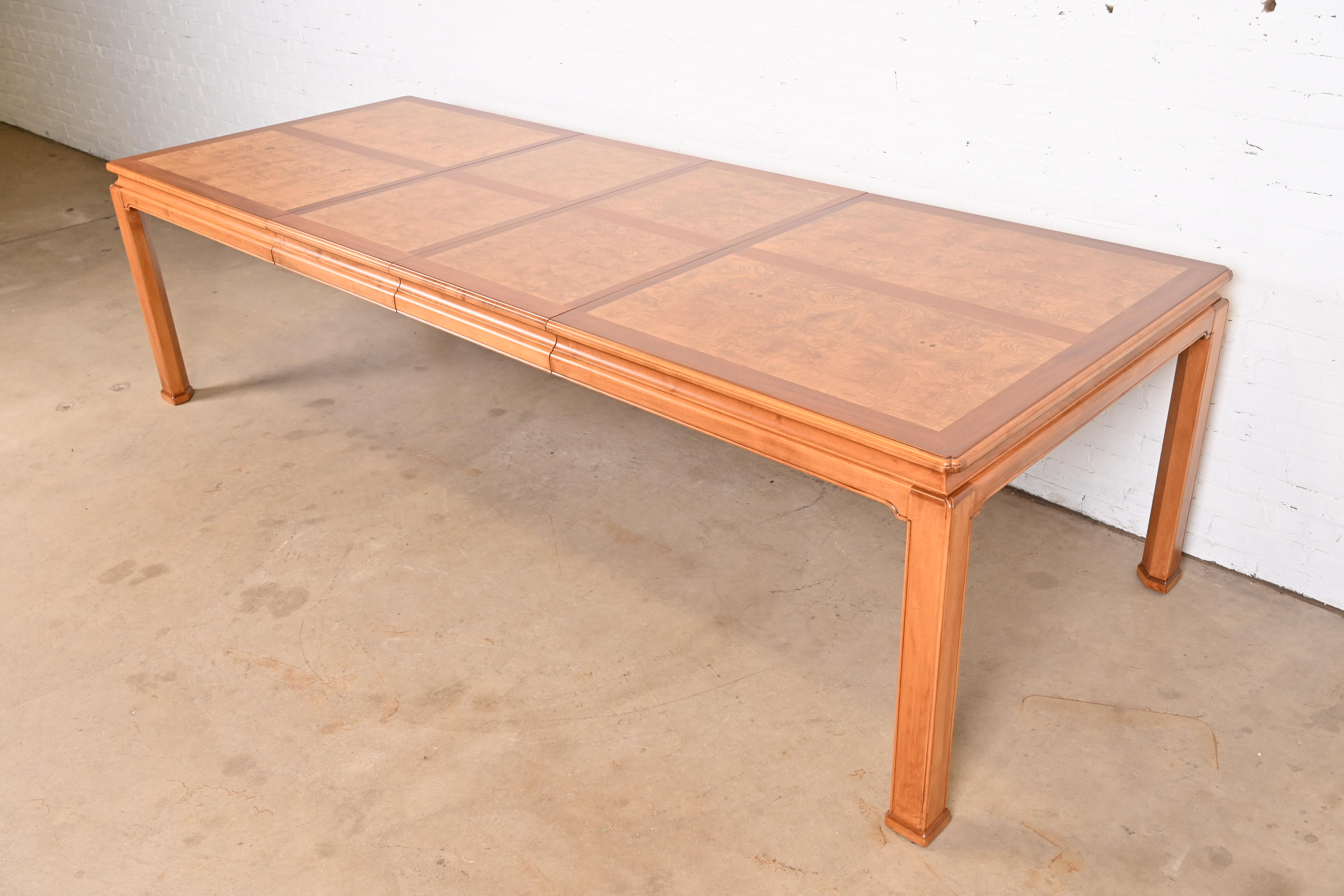 Henredon Mid-Century Hollywood Regency Mahogany and Burl Wood Extension Dining Table, Newly Refinished