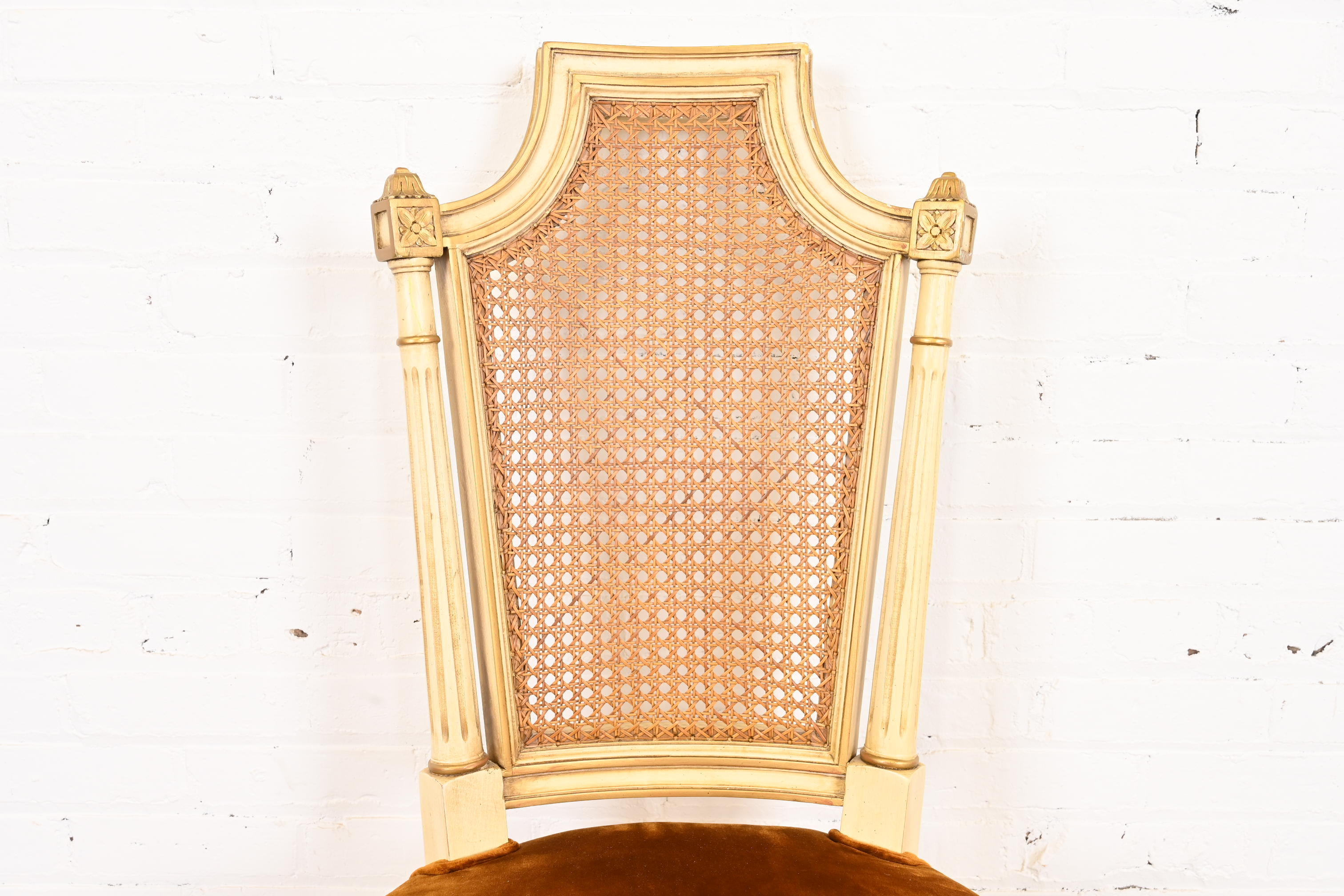Karges French Regency Louis XVI Cream Painted and Gold Gilt Cane Back Dining Chairs, Set of Eight - Image 6