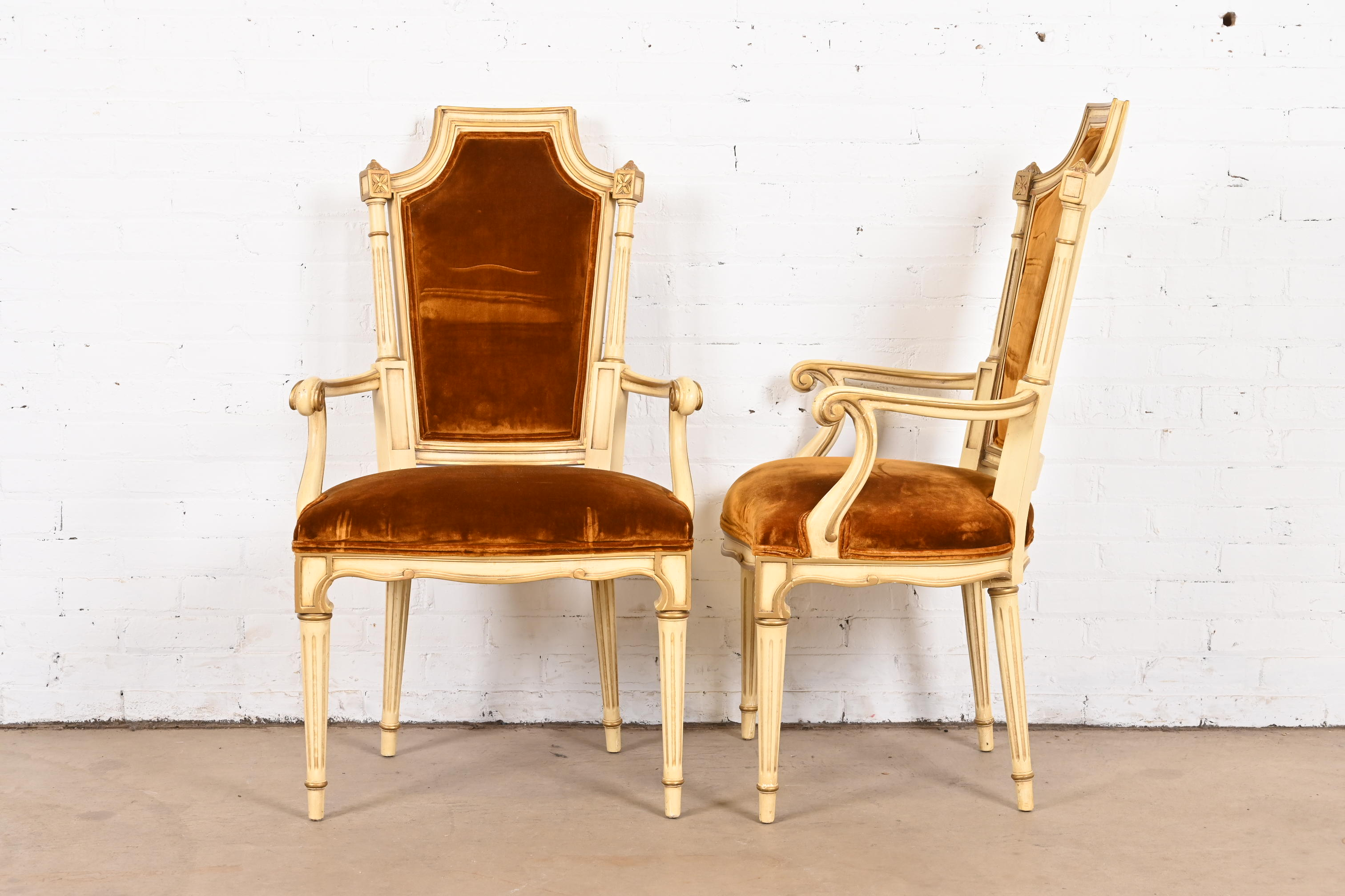 Karges French Regency Louis XVI Cream Painted and Gold Gilt Cane Back Dining Chairs, Set of Eight - Image 9