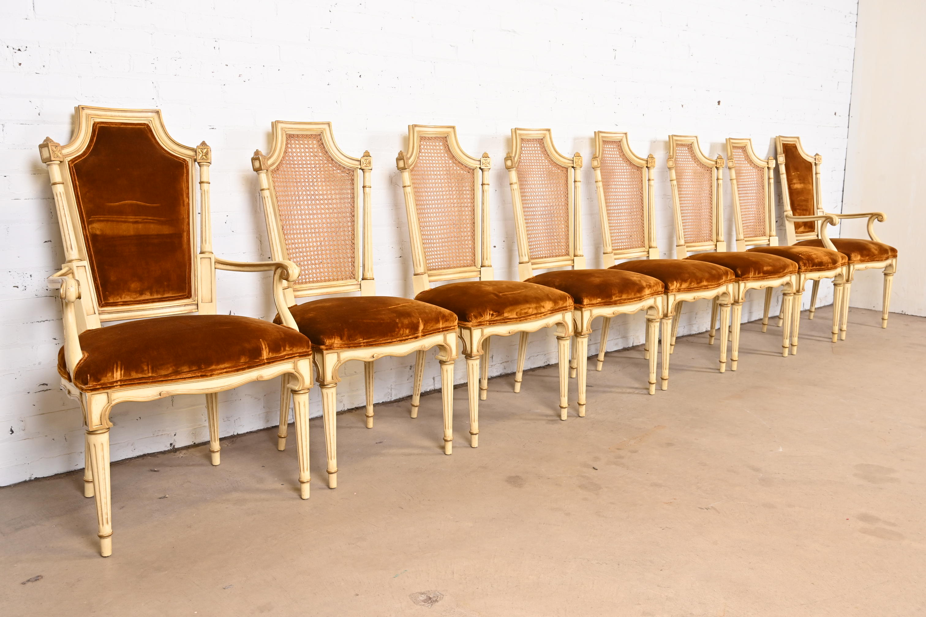Karges French Regency Louis XVI Cream Painted and Gold Gilt Cane Back Dining Chairs, Set of Eight - Image 3