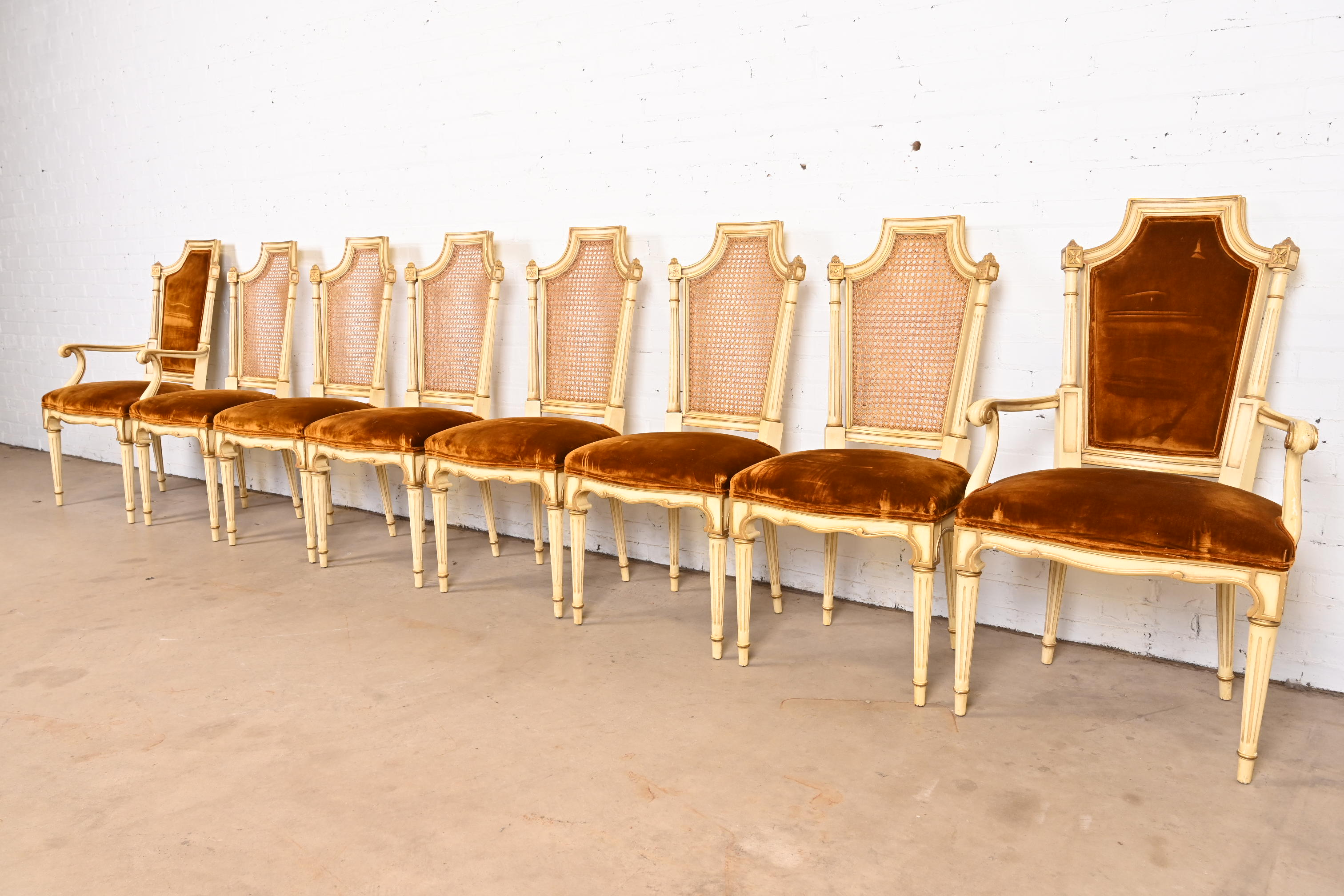 Karges French Regency Louis XVI Cream Painted and Gold Gilt Cane Back Dining Chairs, Set of Eight - Image 2