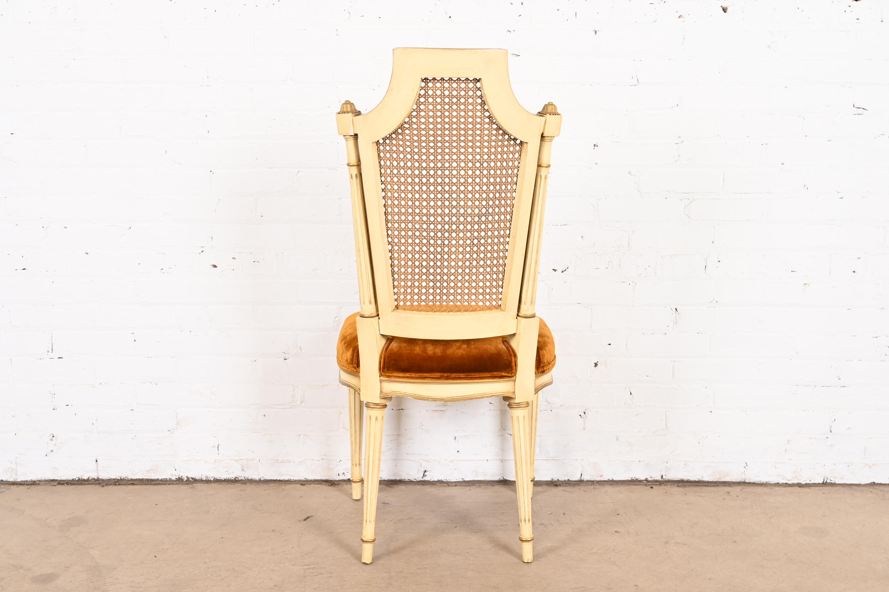 Karges French Regency Louis XVI Cream Painted and Gold Gilt Cane Back Dining Chairs, Set of Eight - Image 8