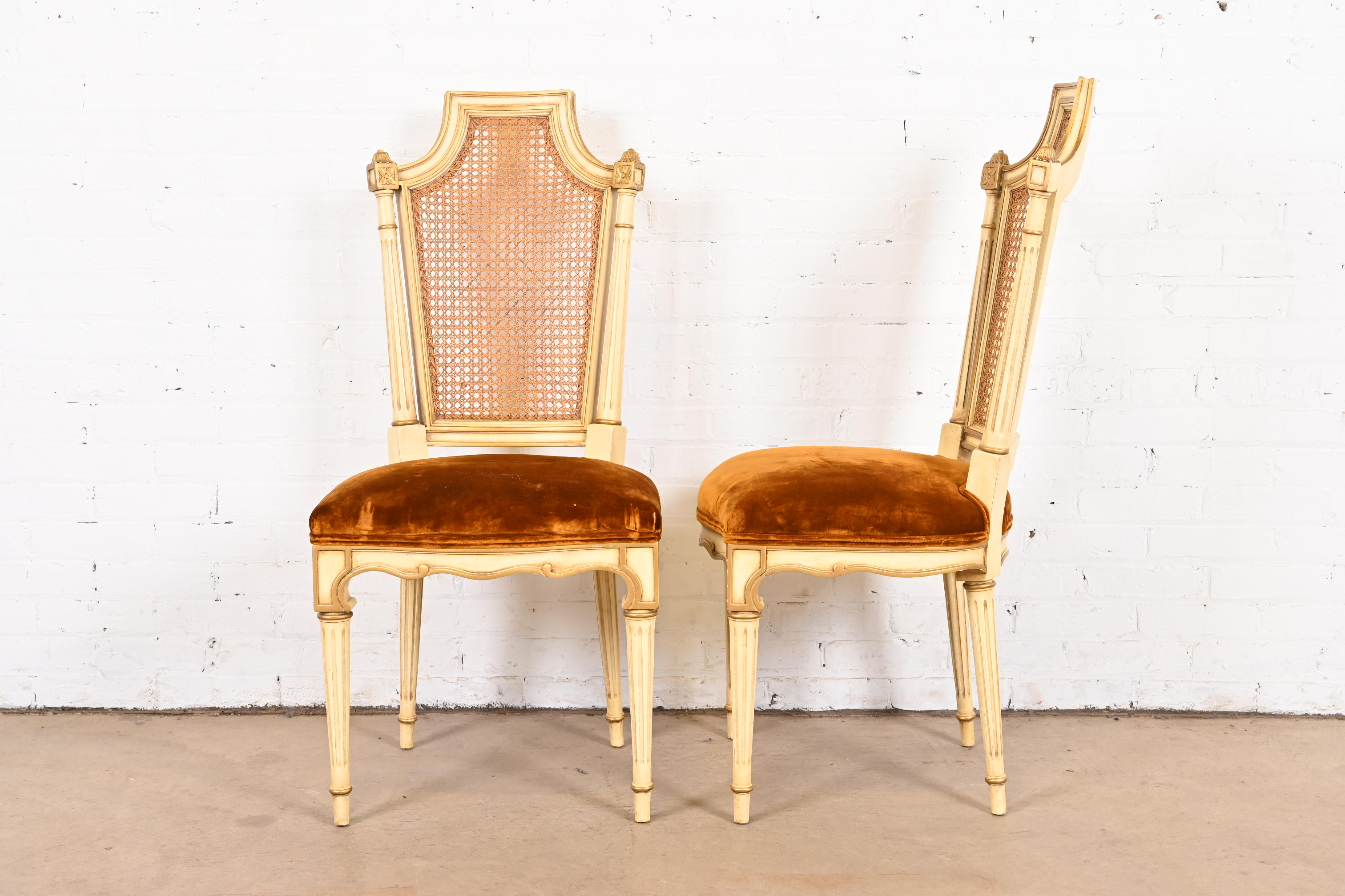 Karges French Regency Louis XVI Cream Painted and Gold Gilt Cane Back Dining Chairs, Set of Eight - Image 5
