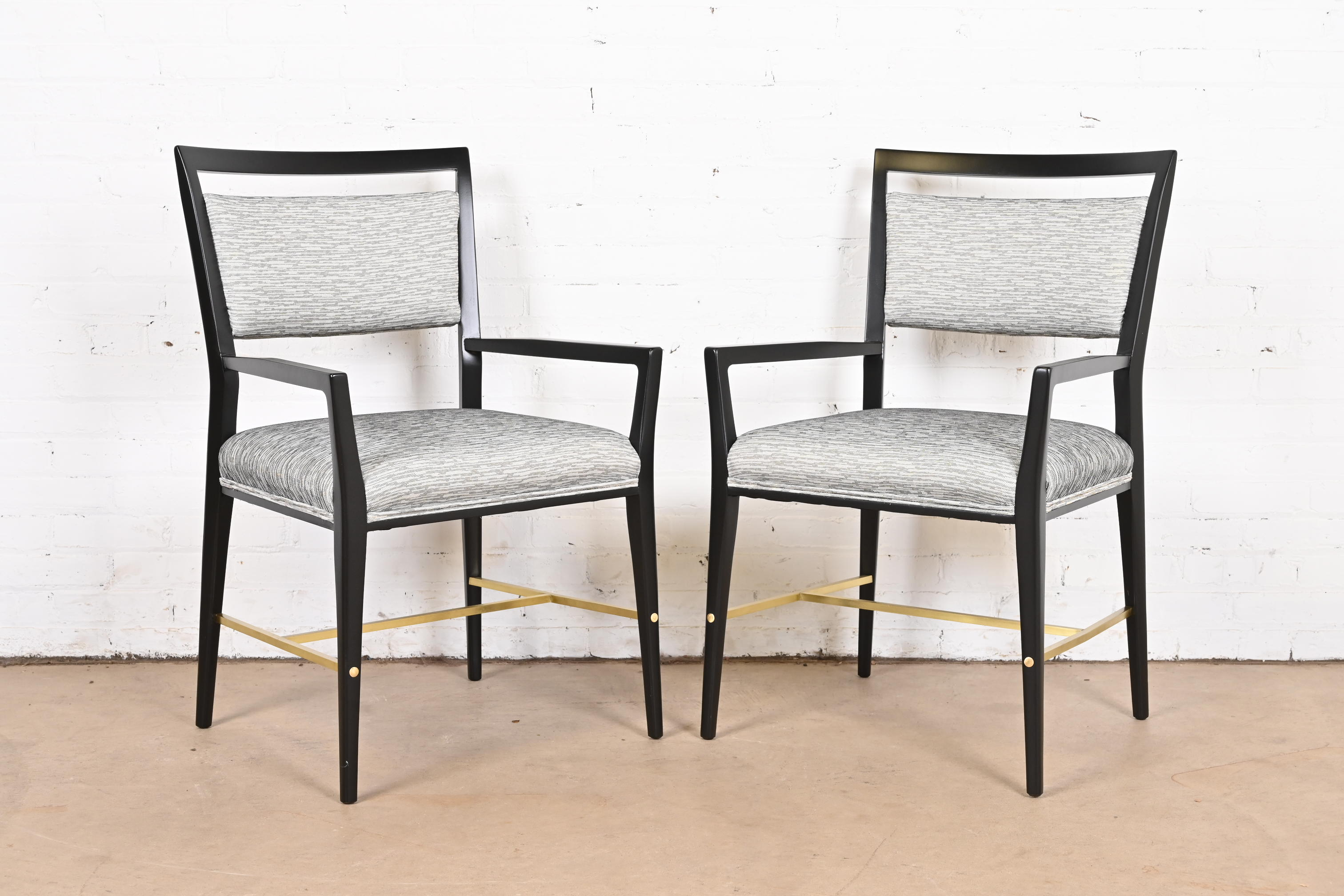 Paul McCobb Connoisseur Collection Black Lacquered Mahogany and Brass Armchairs, Fully Restored