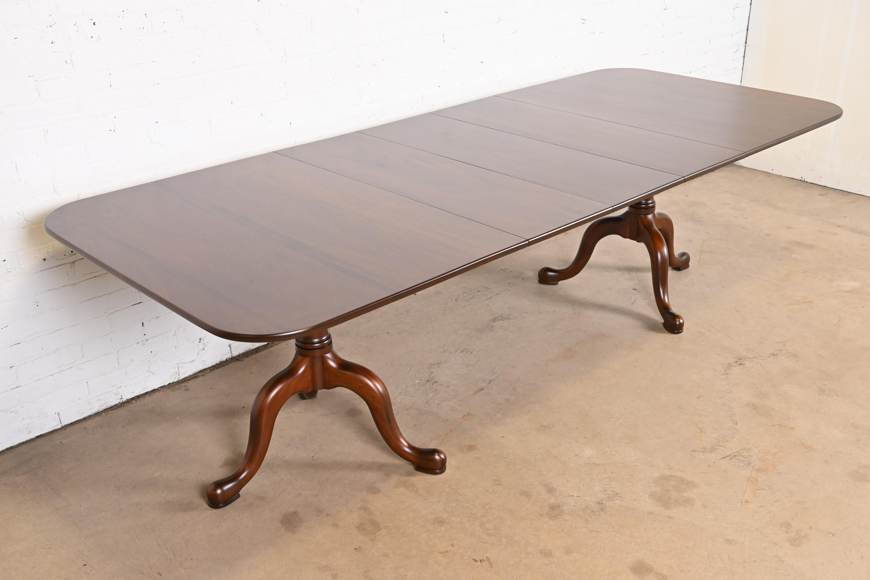 Henkel Harris Georgian Solid Mahogany Double Pedestal Extension Dining Table, Newly Refinished