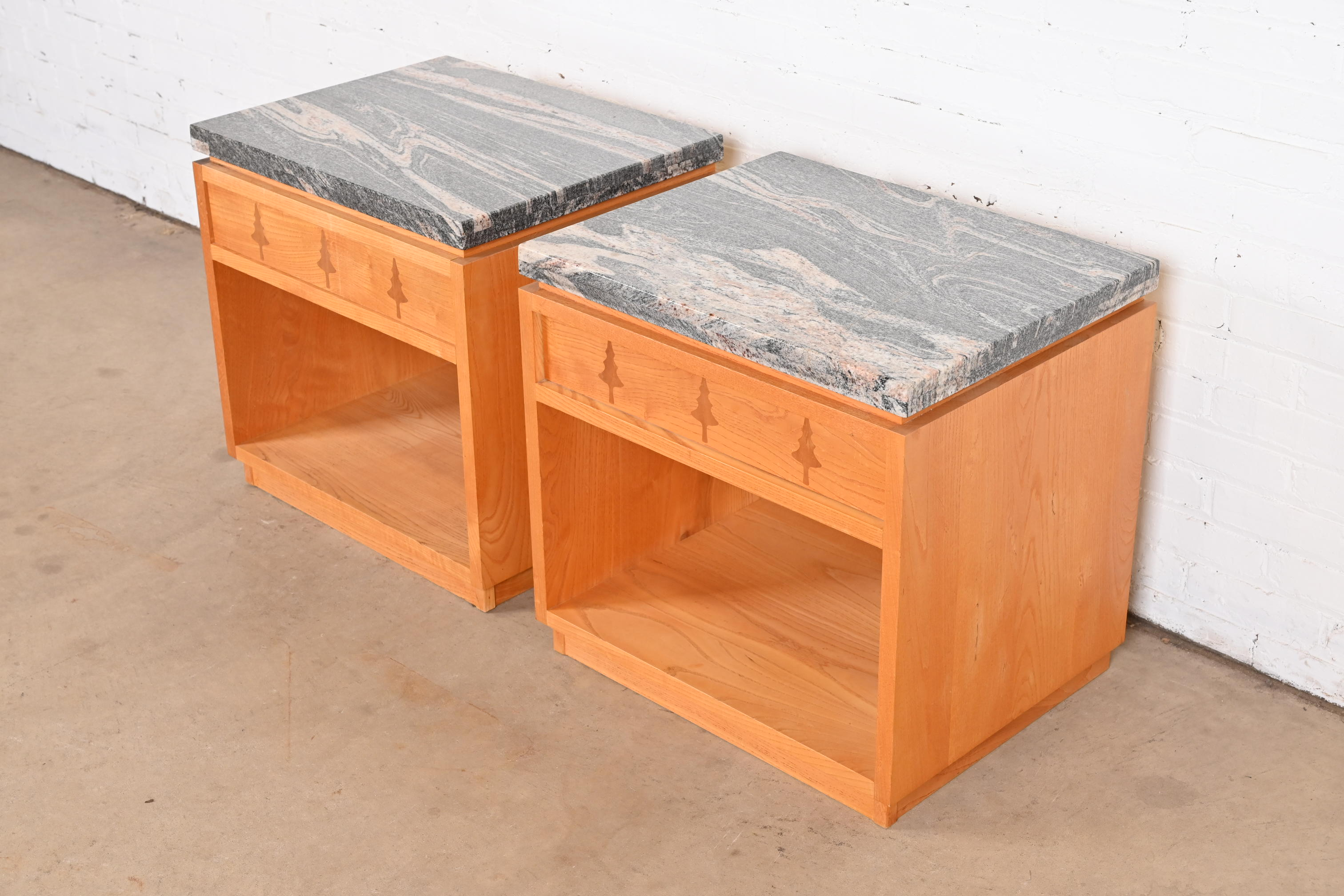 Studio Crafted Rustic Lodge Inlaid Pine Marble Top Nightstands, Pair - Image 2