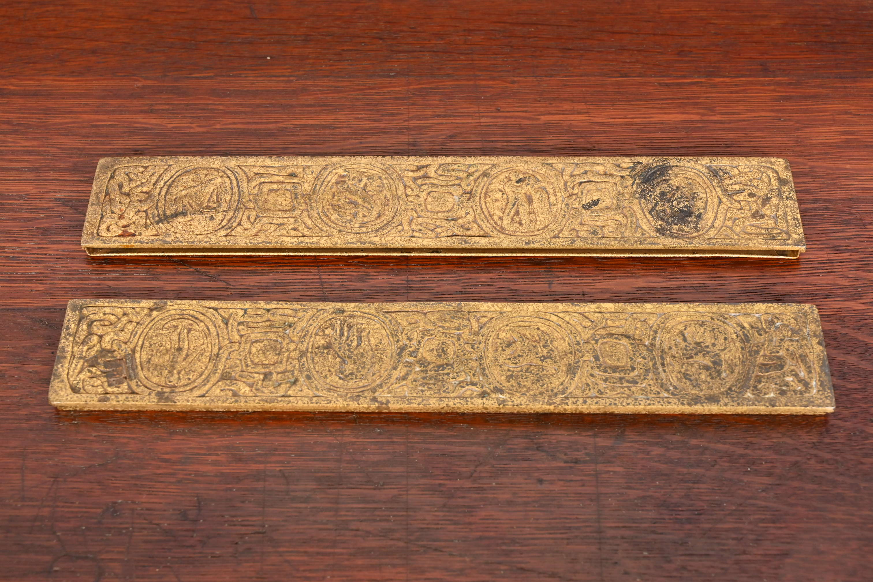 Tiffany Studios New York "Zodiac" Bronze Doré Blotter Ends - Image 3