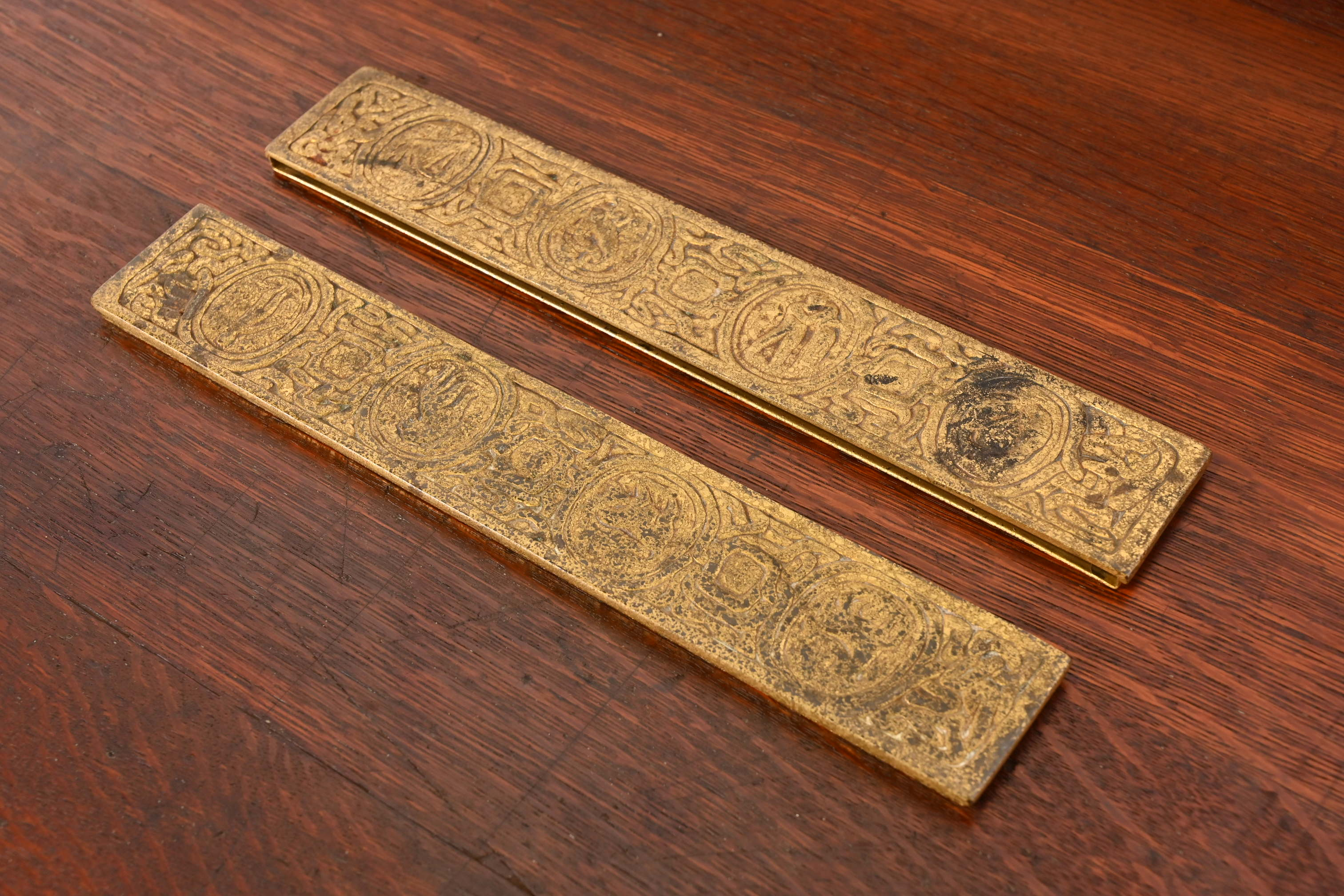 Tiffany Studios New York "Zodiac" Bronze Doré Blotter Ends - Image 2