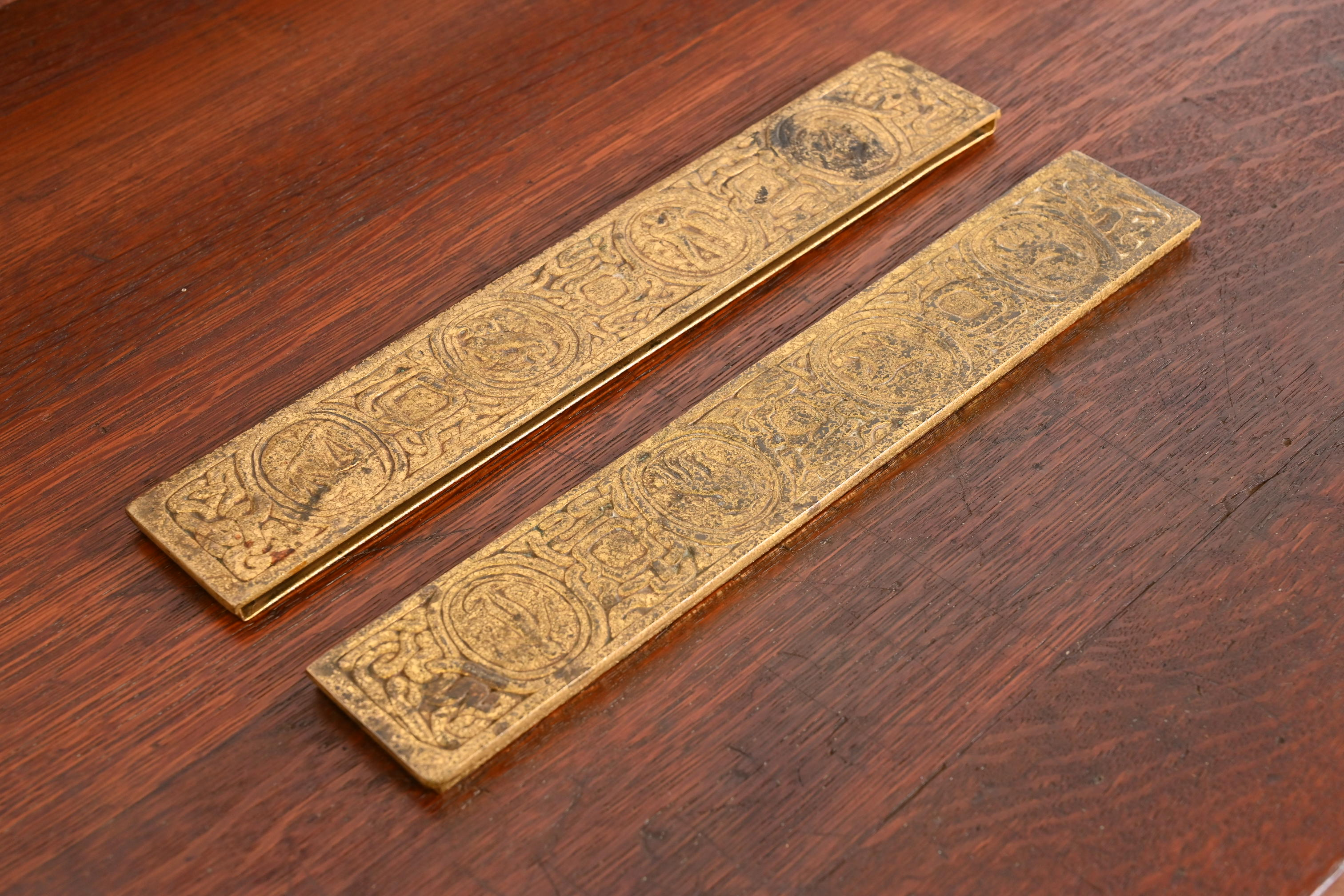 Tiffany Studios New York "Zodiac" Bronze Doré Blotter Ends
