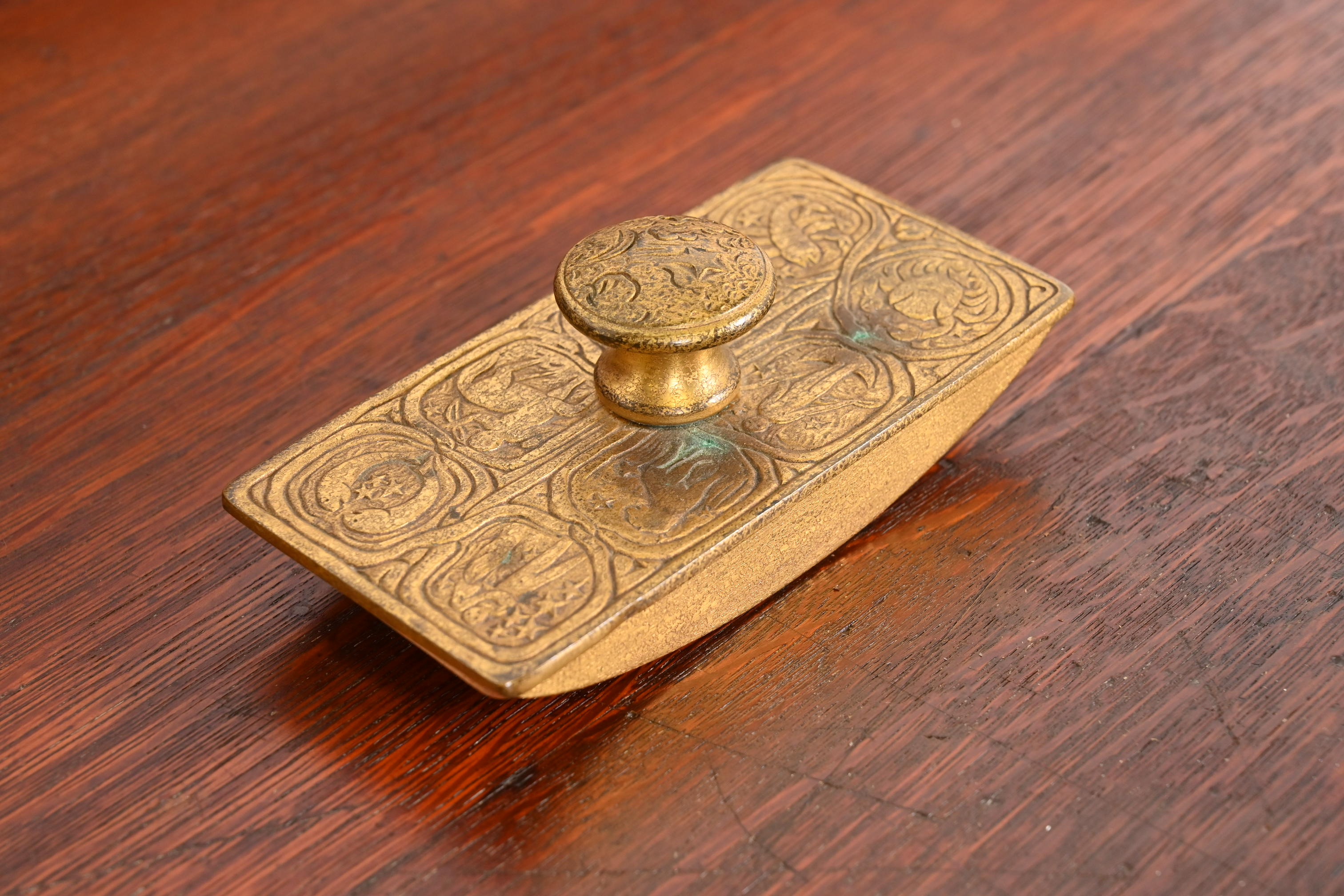 Tiffany Studios New York "Zodiac" Bronze Doré Rocker Blotter, Circa 1910
