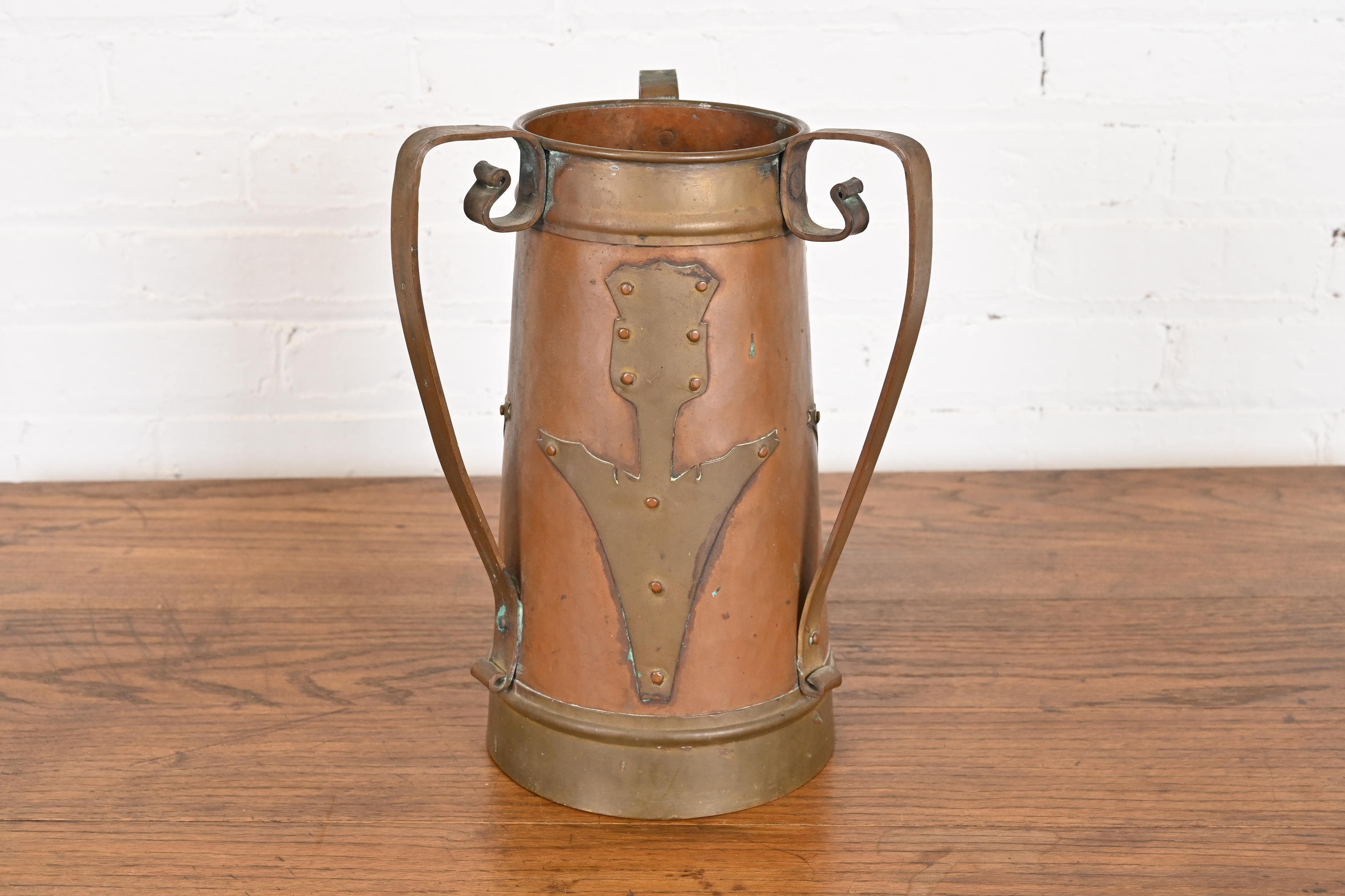 Antique Stickley Brothers Arts & Crafts Three-Handled Large Copper Vase