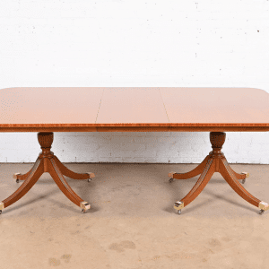 Baker Furniture Georgian Cherry and Satinwood Double Pedestal Extension Dining Table, Newly Refinished