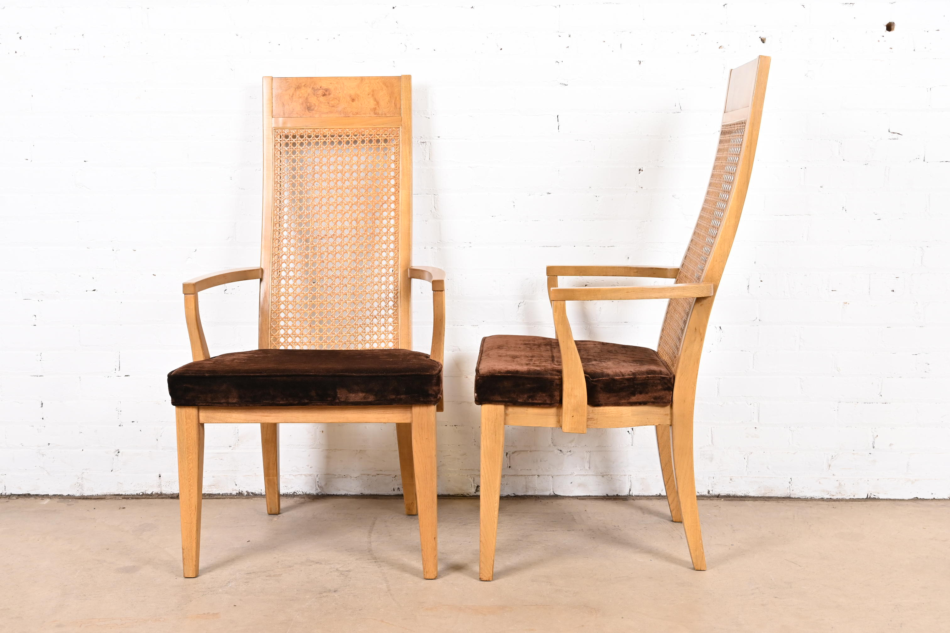 Milo Baughman Style Mid-Century Modern Burl Wood and Cane Dining Chairs by Lane, 1970s - Image 7