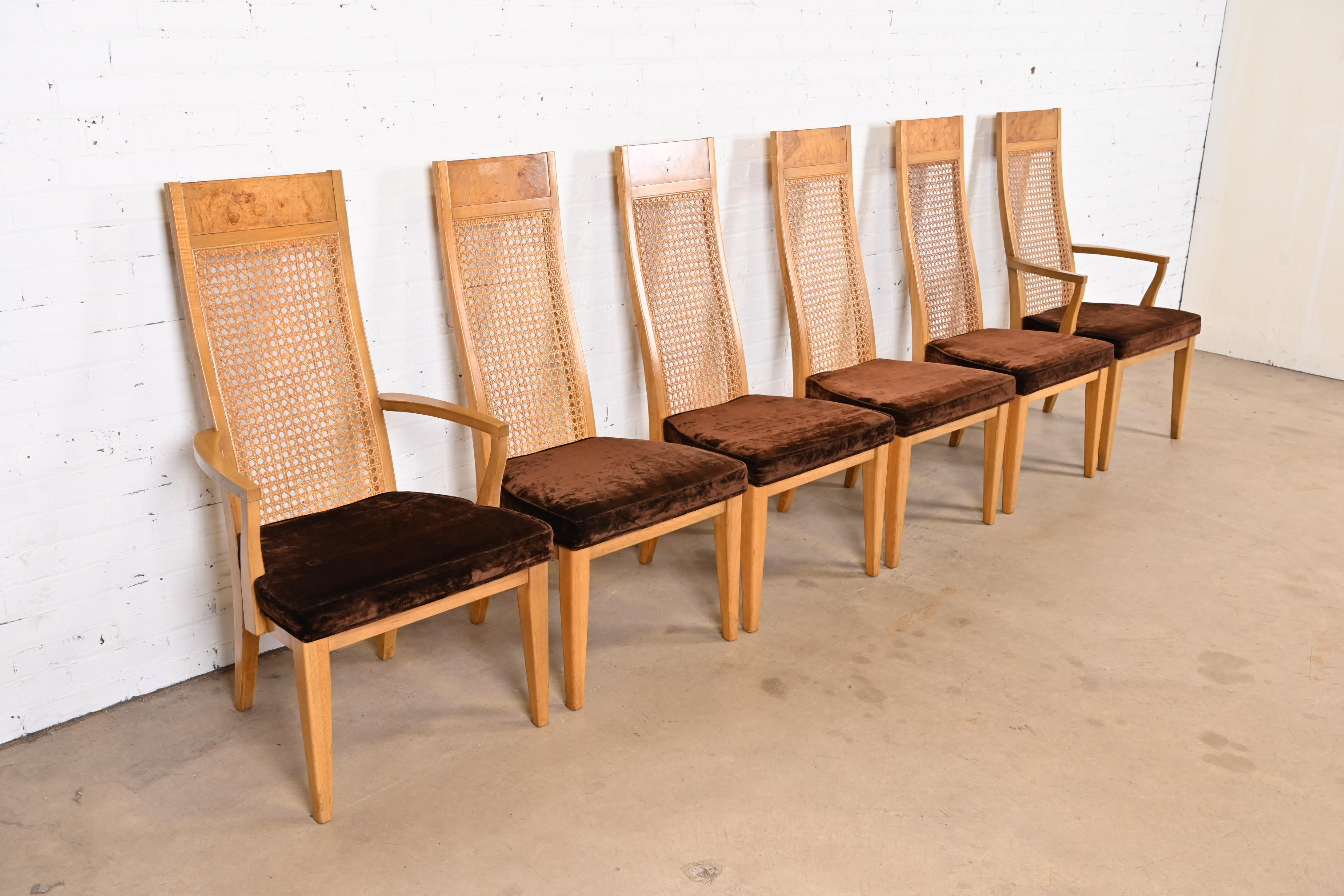 Milo Baughman Style Mid-Century Modern Burl Wood and Cane Dining Chairs by Lane, 1970s - Image 5