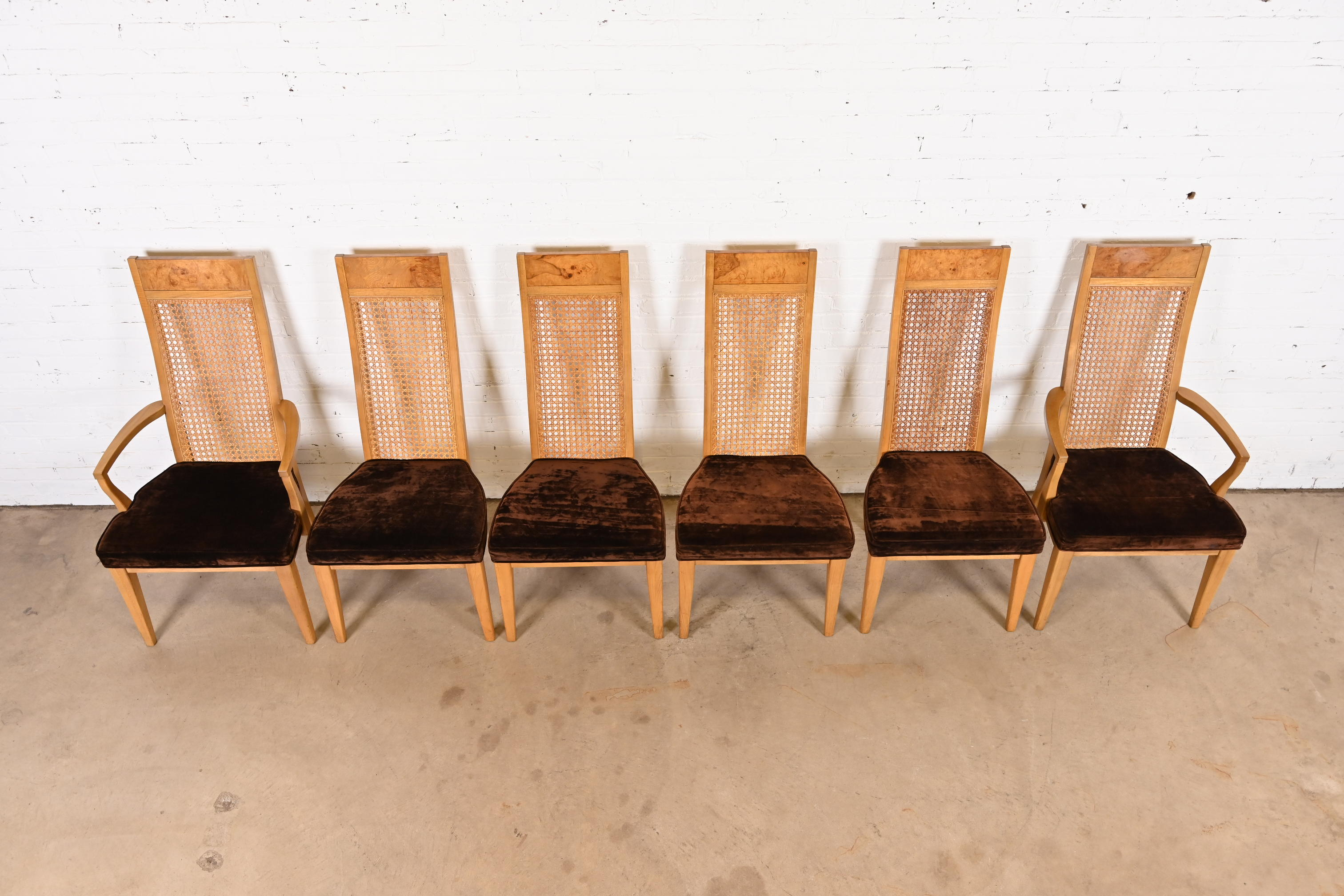 Milo Baughman Style Mid-Century Modern Burl Wood and Cane Dining Chairs by Lane, 1970s - Image 6