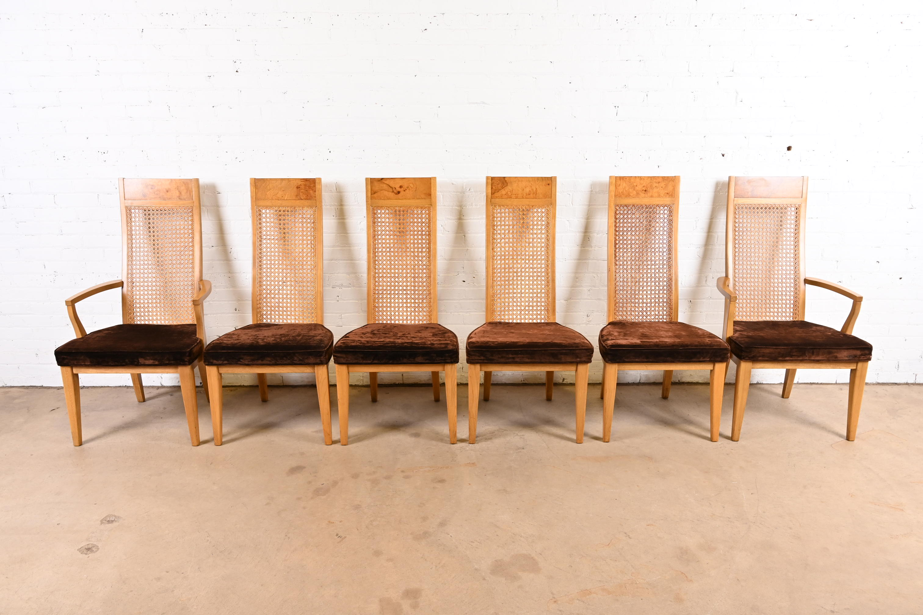 Milo Baughman Style Mid-Century Modern Burl Wood and Cane Dining Chairs by Lane, 1970s - Image 4