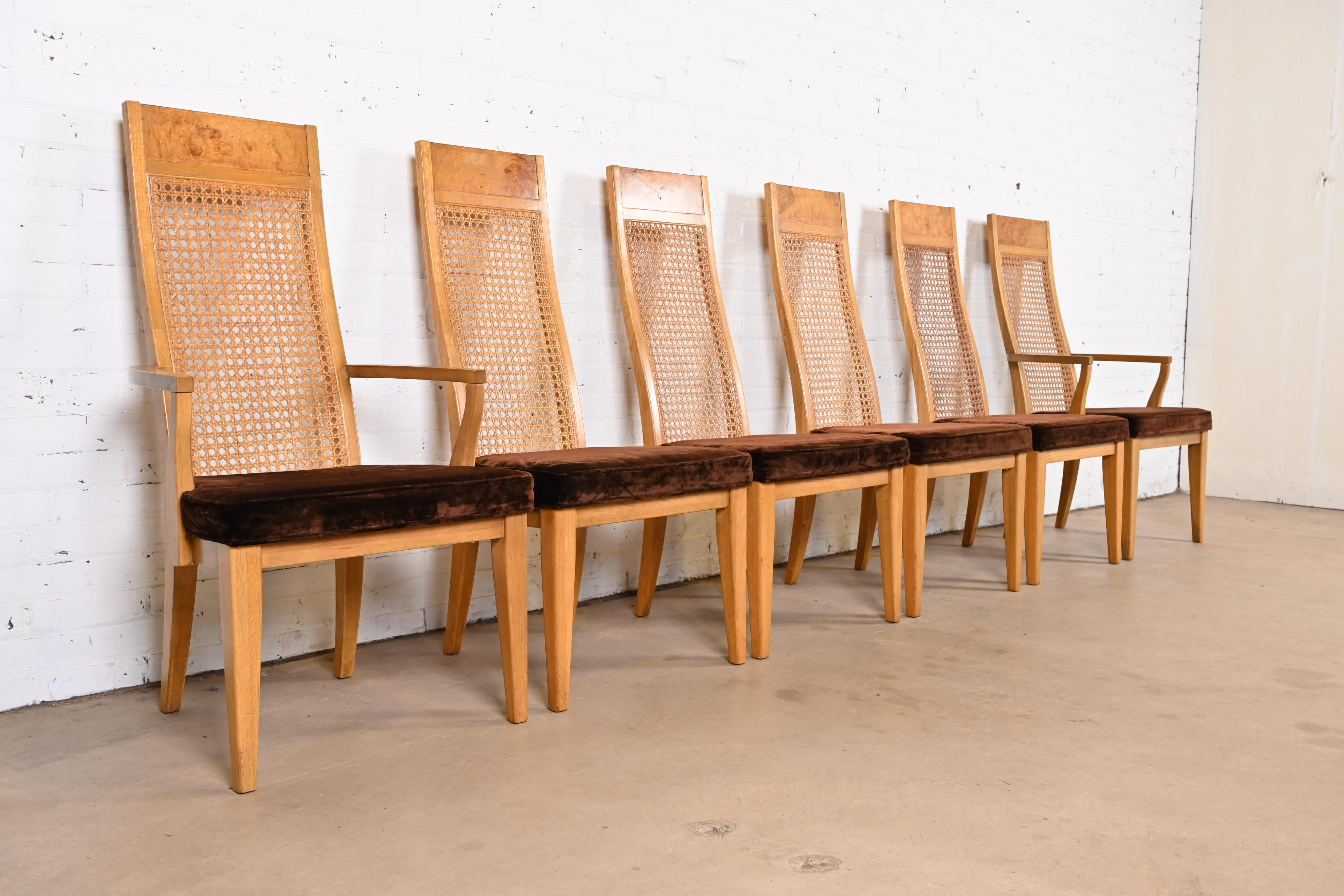 Milo Baughman Style Mid-Century Modern Burl Wood and Cane Dining Chairs by Lane, 1970s