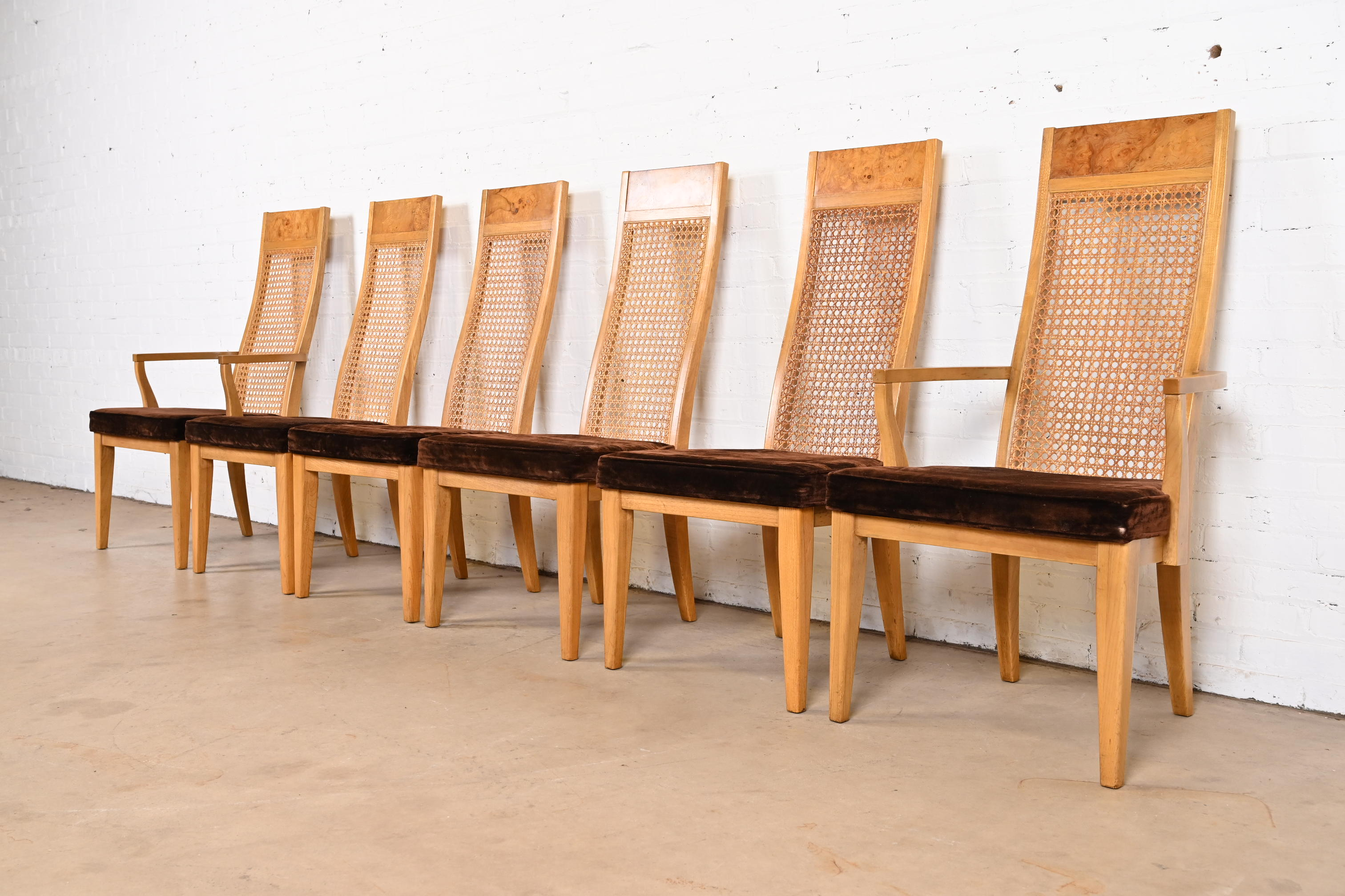 Milo Baughman Style Mid-Century Modern Burl Wood and Cane Dining Chairs by Lane, 1970s - Image 2