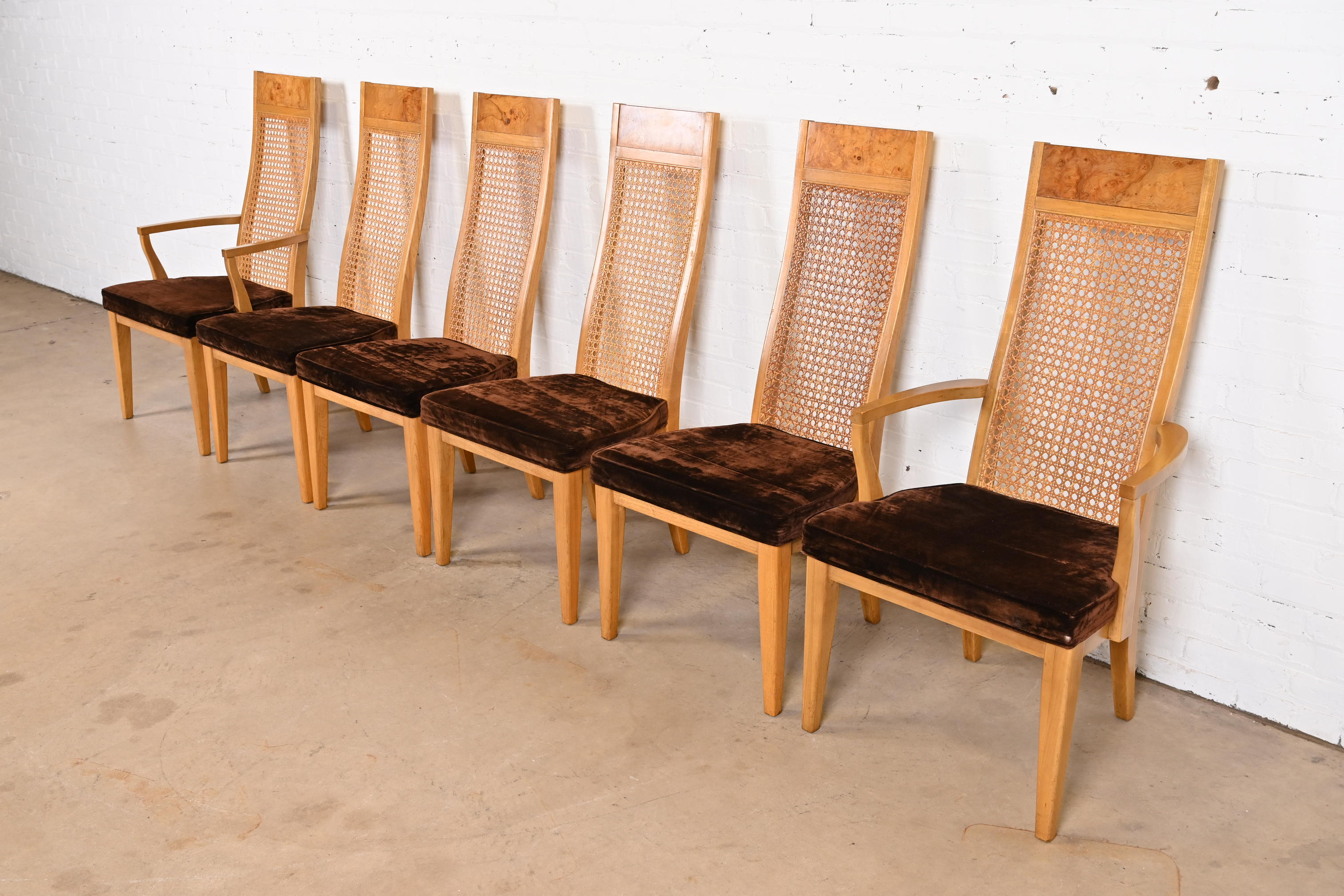 Milo Baughman Style Mid-Century Modern Burl Wood and Cane Dining Chairs by Lane, 1970s - Image 3