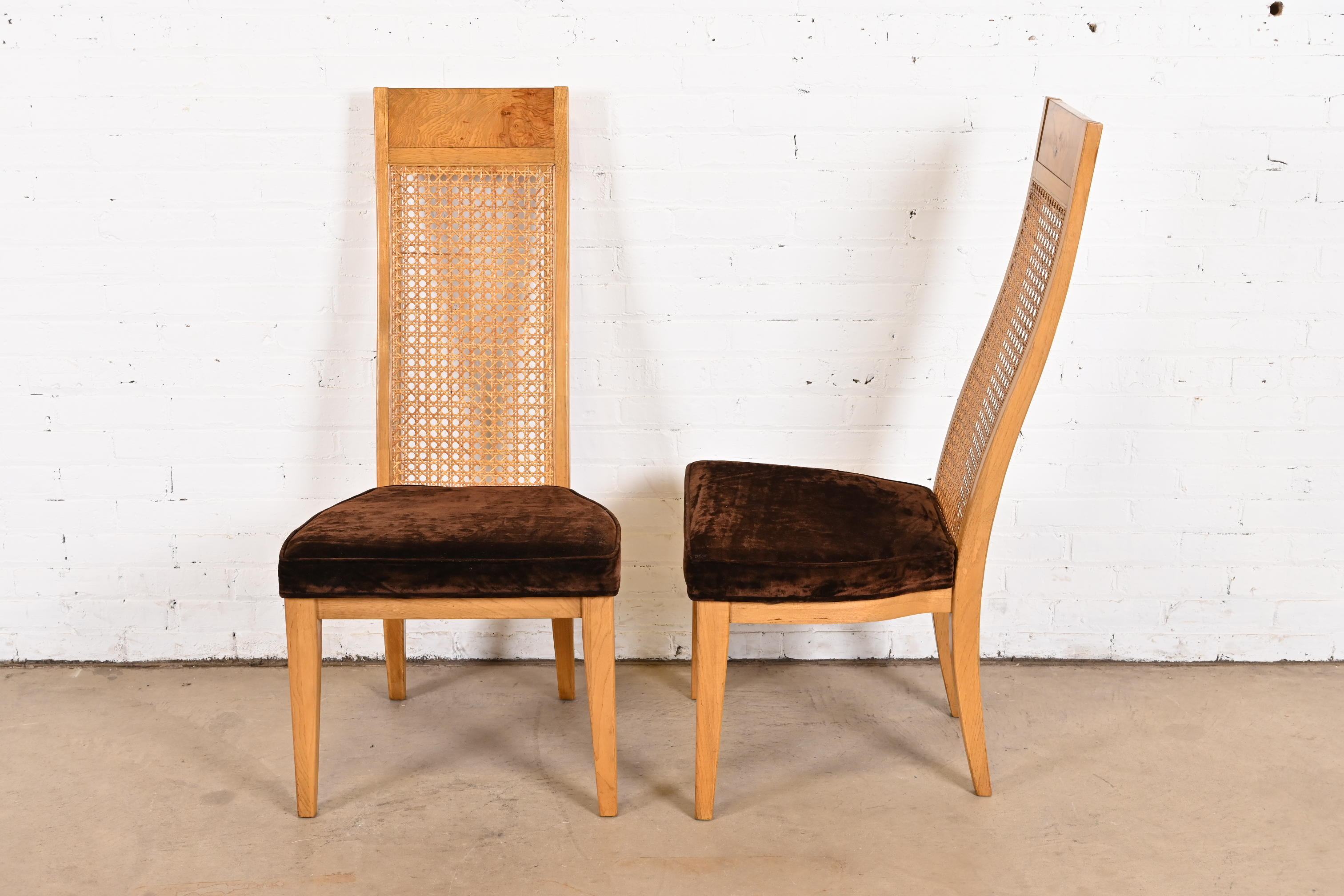 Milo Baughman Style Mid-Century Modern Burl Wood and Cane Dining Chairs by Lane, 1970s - Image 9