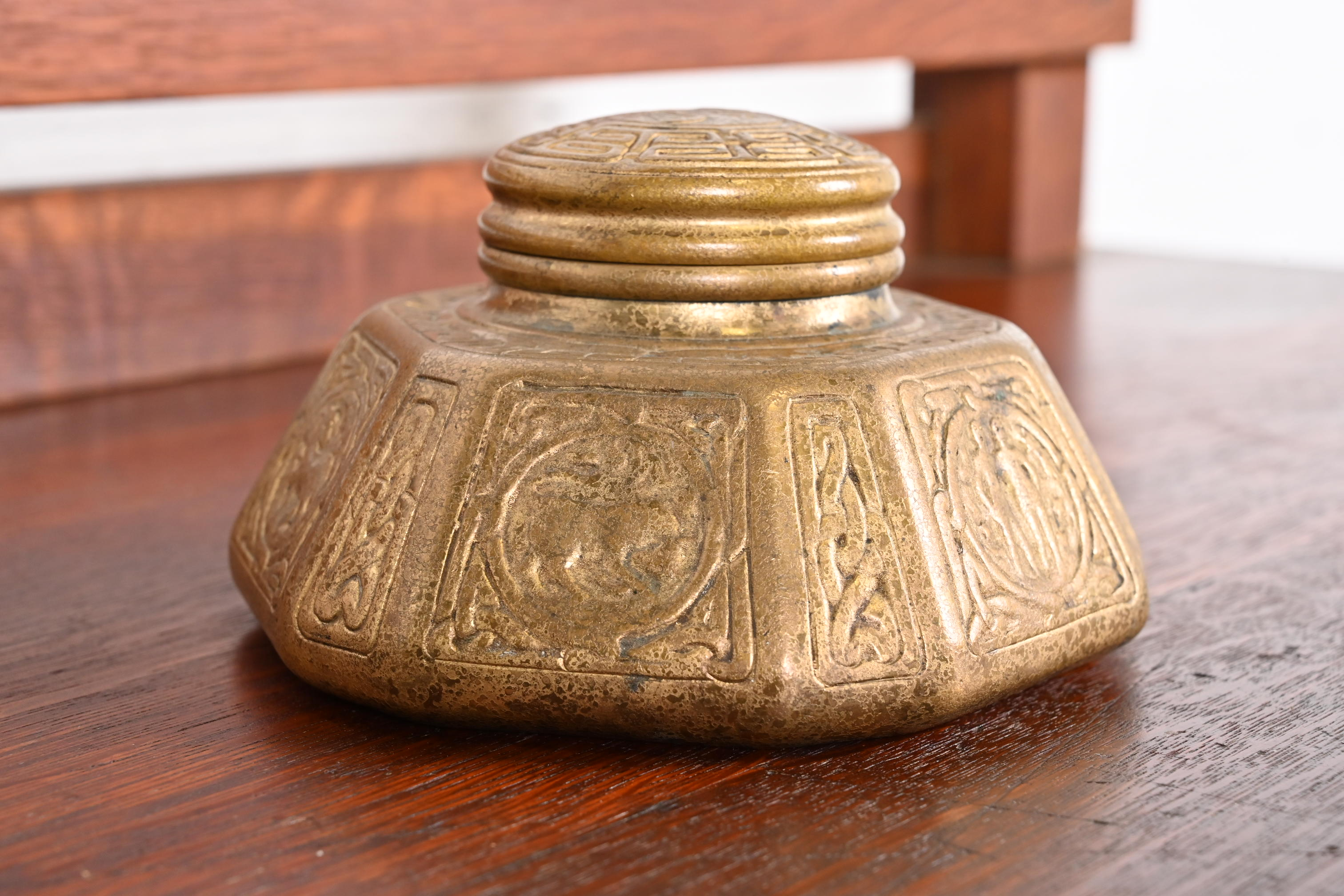 Tiffany Studios New York Zodiac Bronze Doré Large Inkwell - Image 6