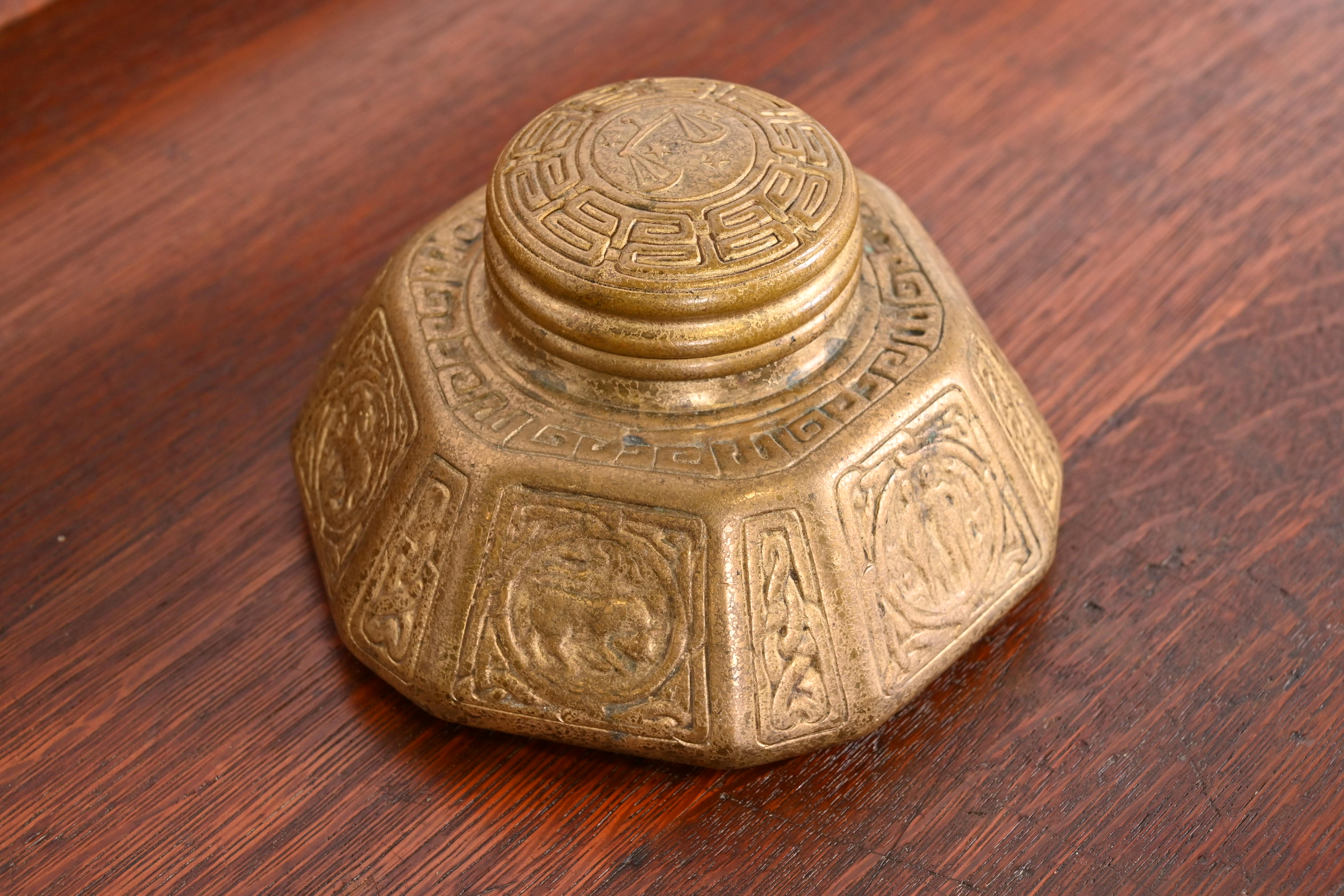 Tiffany Studios New York Zodiac Bronze Doré Large Inkwell - Image 5