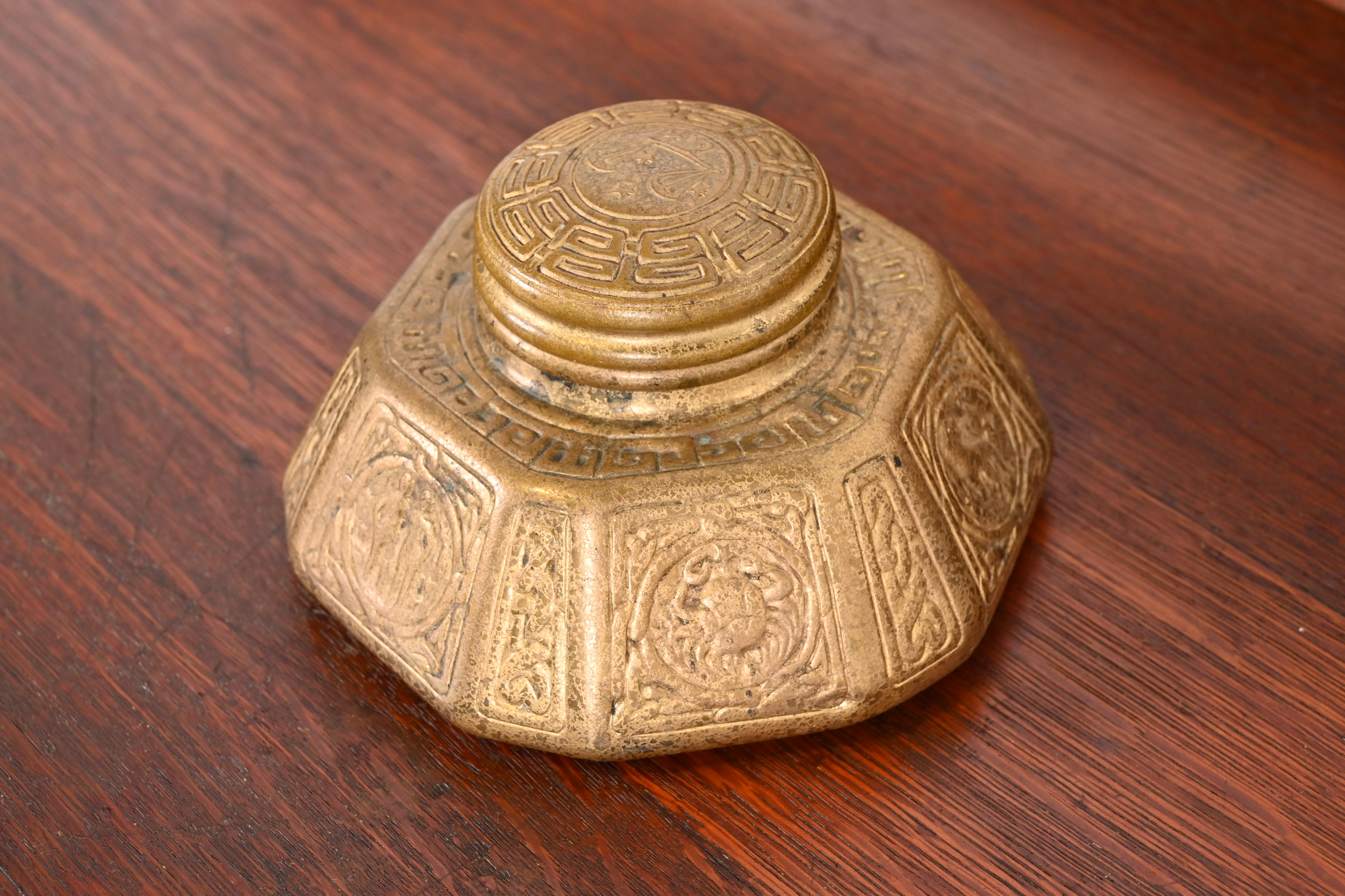 Tiffany Studios New York Zodiac Bronze Doré Large Inkwell