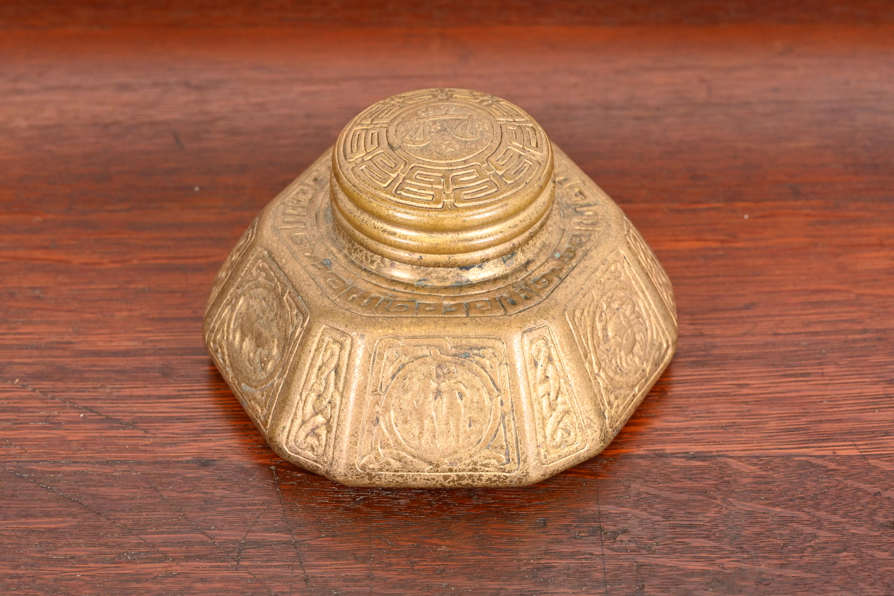 Tiffany Studios New York Zodiac Bronze Doré Large Inkwell - Image 3