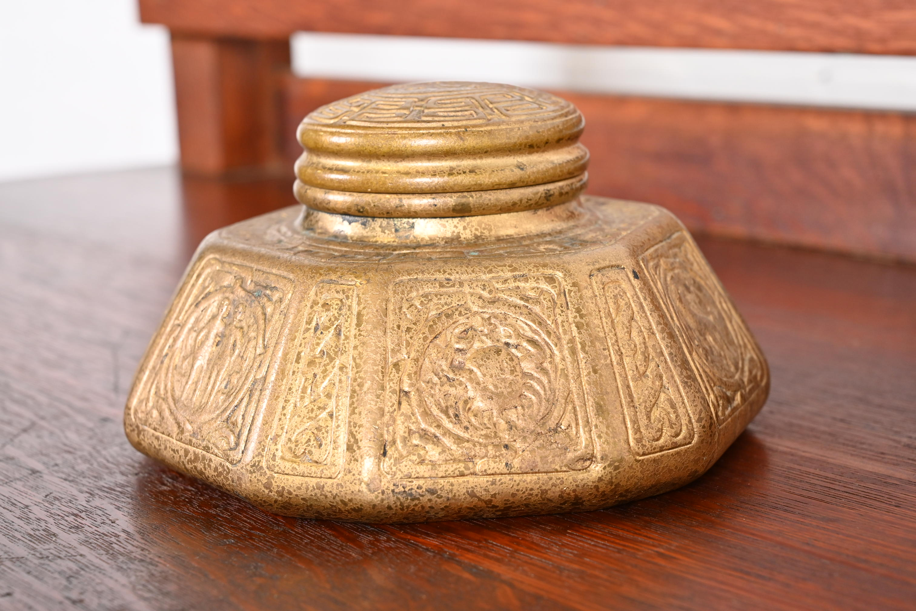 Tiffany Studios New York Zodiac Bronze Doré Large Inkwell - Image 2