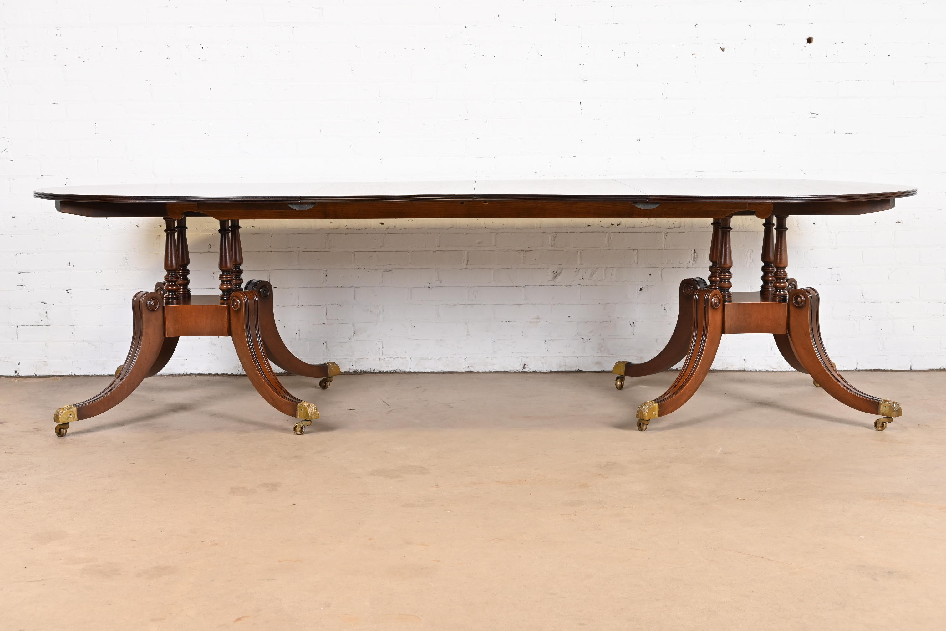 Baker Furniture Style Georgian Banded Mahogany Double Pedestal Extension Dining Table, Newly Refinished - Image 4
