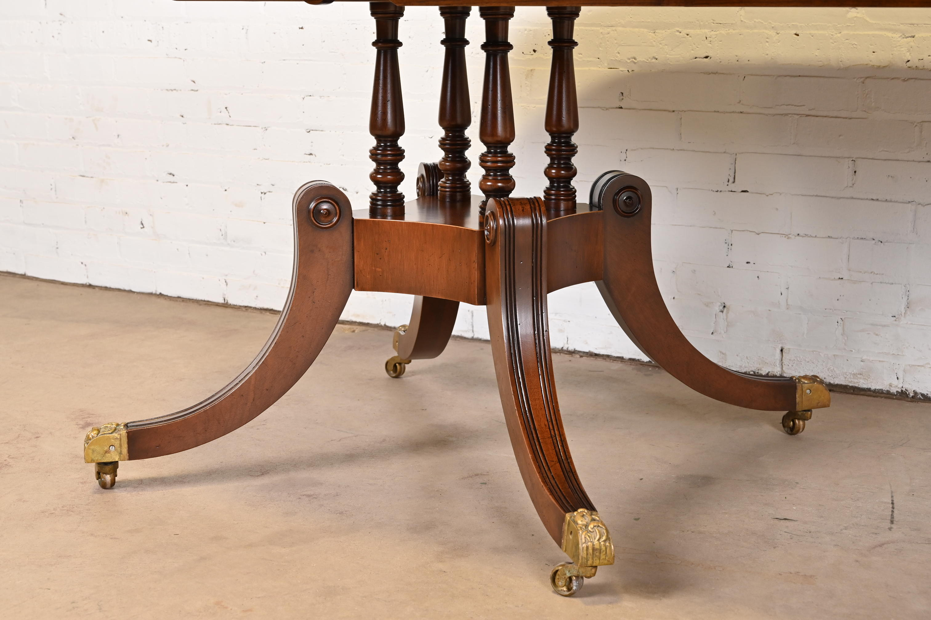 Baker Furniture Style Georgian Banded Mahogany Double Pedestal Extension Dining Table, Newly Refinished - Image 6