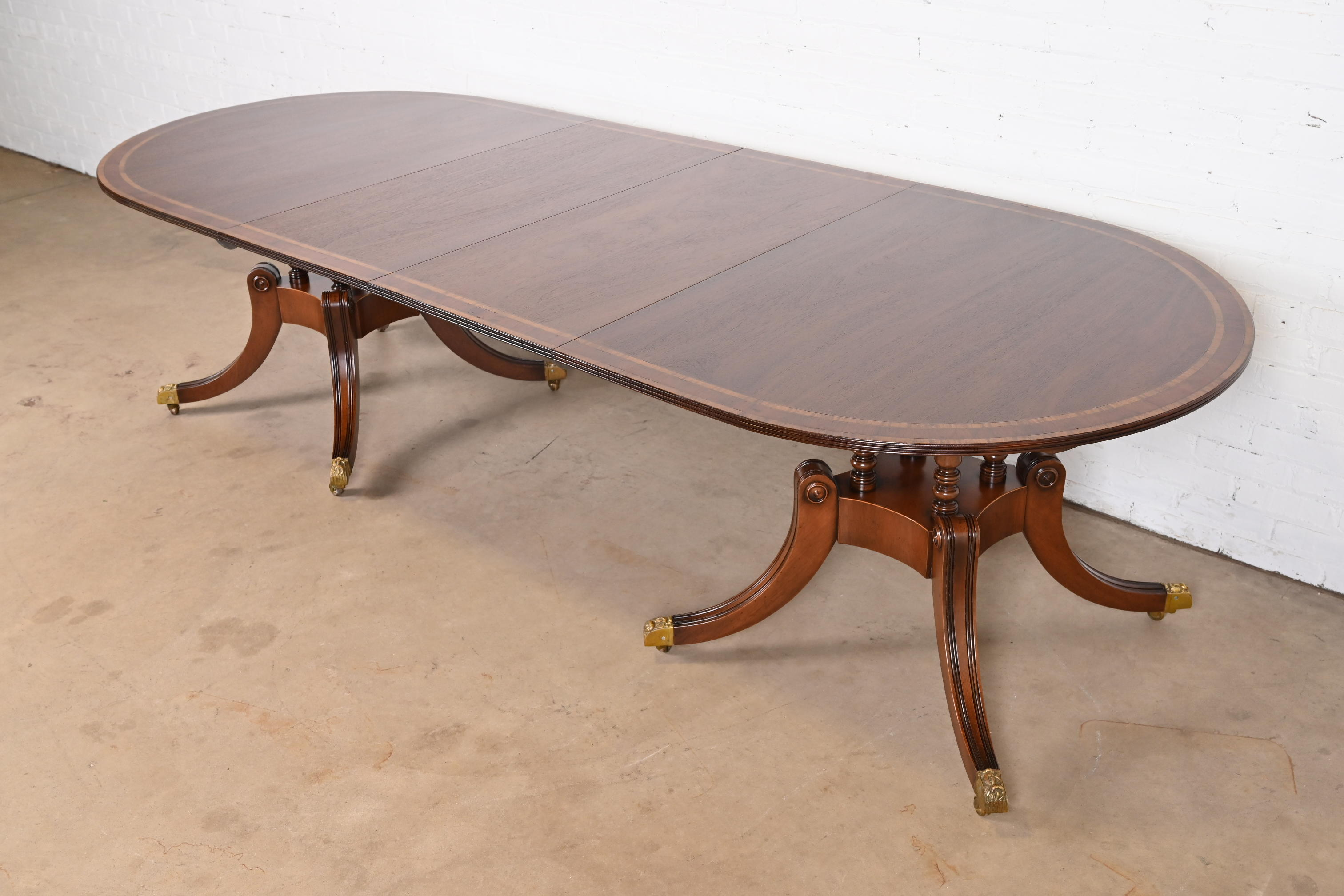 Baker Furniture Style Georgian Banded Mahogany Double Pedestal Extension Dining Table, Newly Refinished