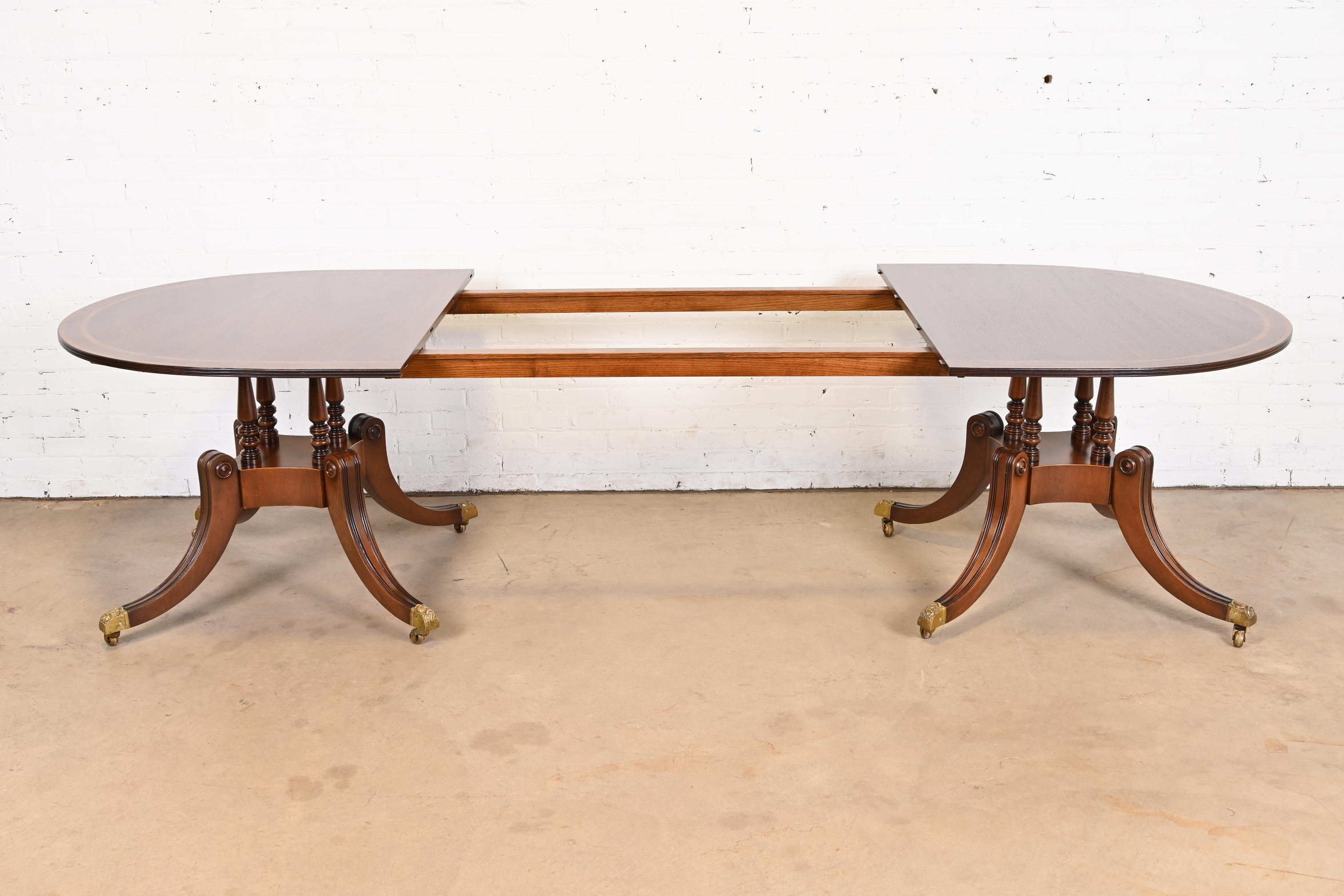 Baker Furniture Style Georgian Banded Mahogany Double Pedestal Extension Dining Table, Newly Refinished - Image 8