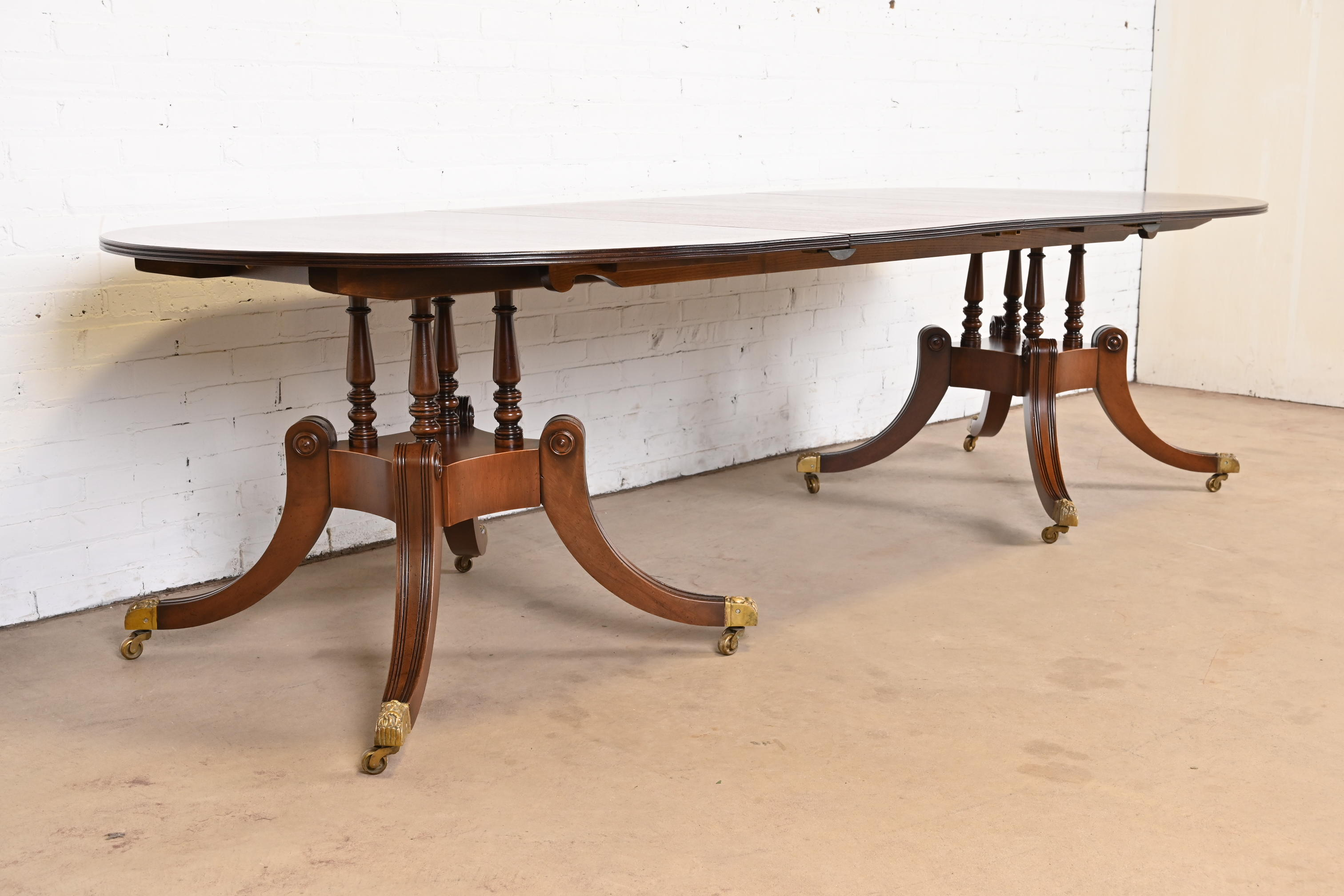 Baker Furniture Style Georgian Banded Mahogany Double Pedestal Extension Dining Table, Newly Refinished - Image 5