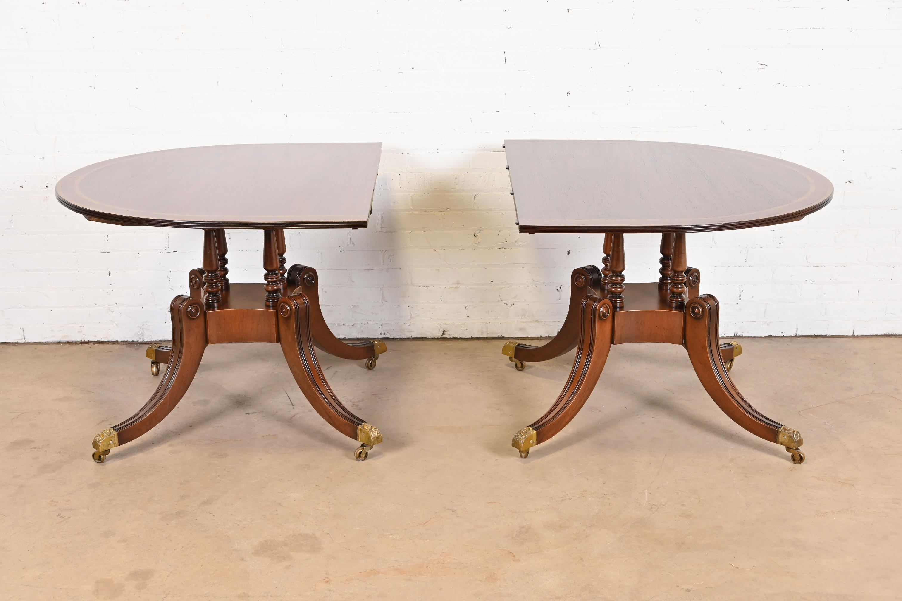Baker Furniture Style Georgian Banded Mahogany Double Pedestal Extension Dining Table, Newly Refinished - Image 9