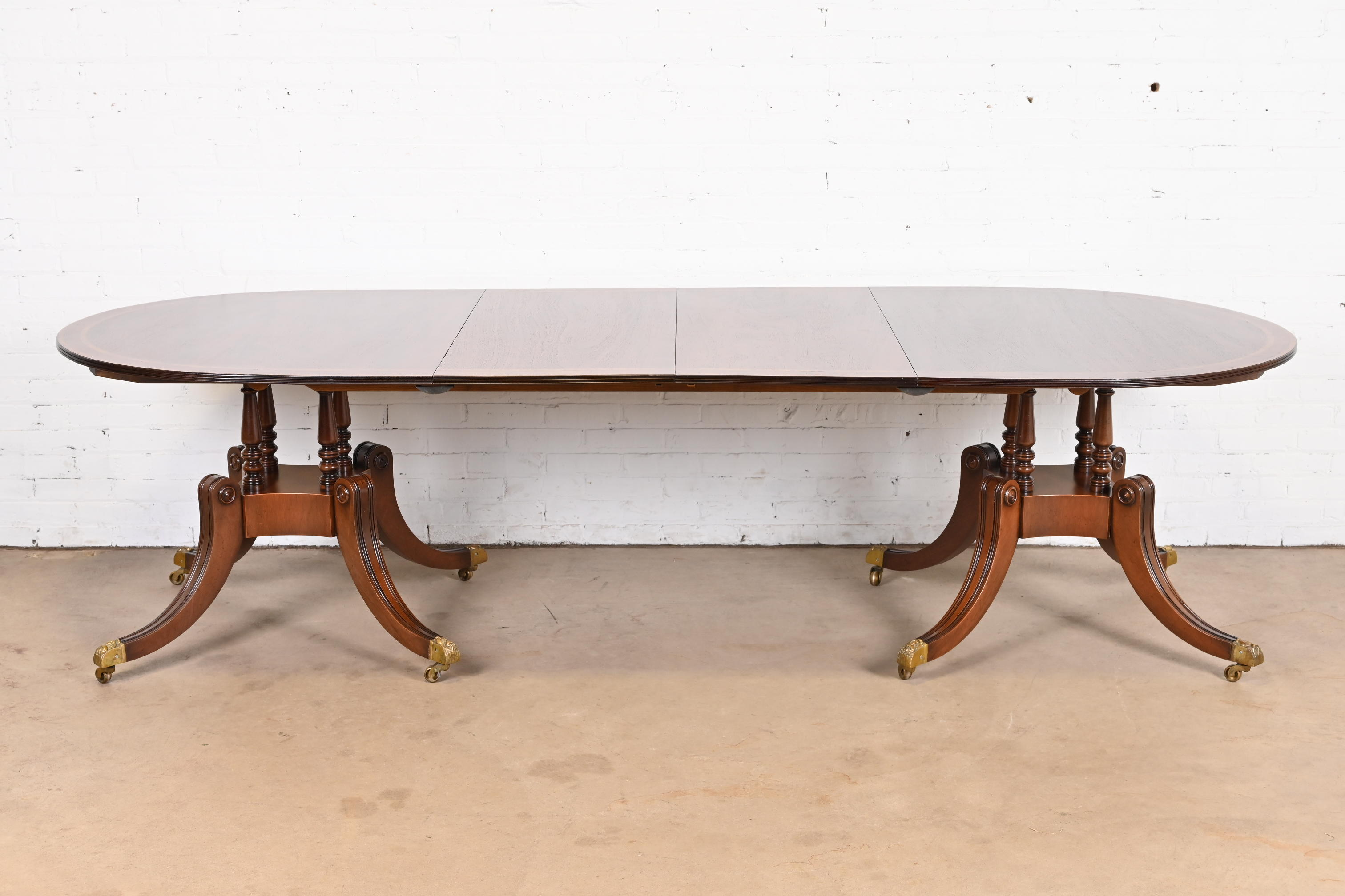 Baker Furniture Style Georgian Banded Mahogany Double Pedestal Extension Dining Table, Newly Refinished - Image 3